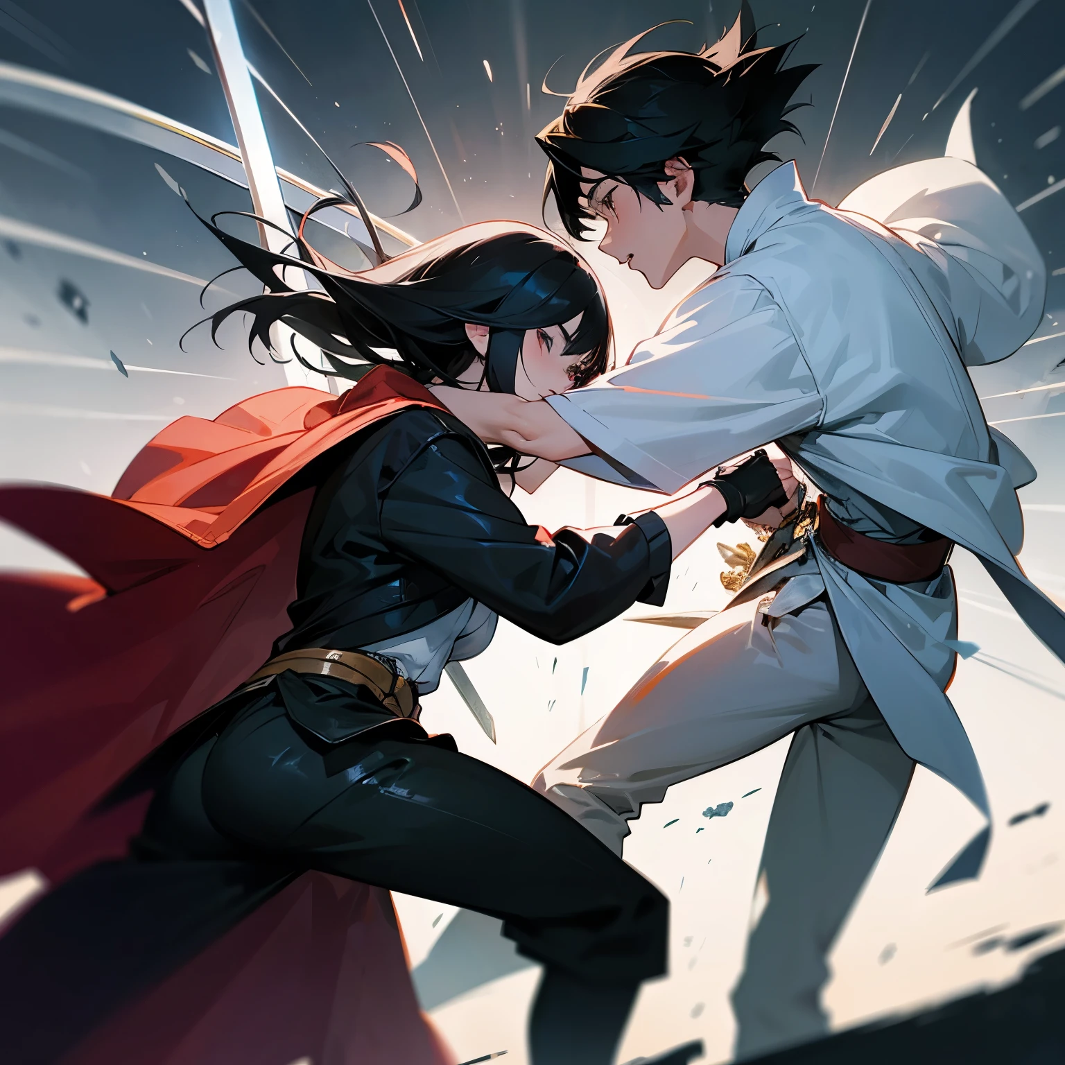 A black haired girl and a white haired boy fighting with each other with swords (historical time) side face