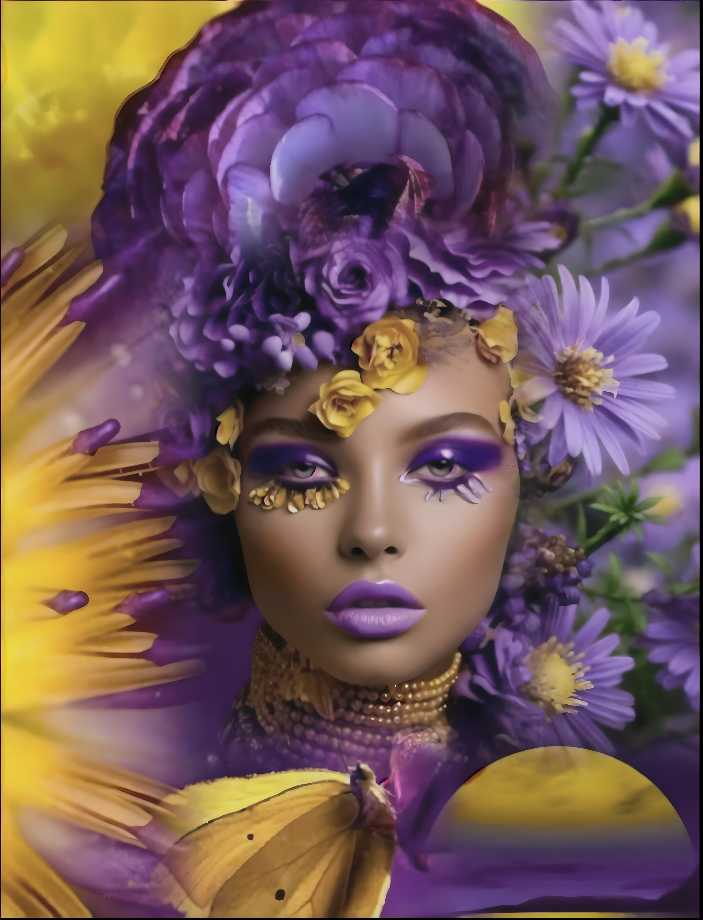 country road,Roadside wildflowers,weeds,sunraise,brilliant colorful, full body shot, fantasy, field full of purple butterflies, a beautiful, curvy, plump, mature, 40 year old black woman, fully dressed, walking in a colorful flower field, surrounded by lots of purple butterflies, flying around her, giant purple butterflies flying over a colorful field of flowers, detailed eyes, detailed lips, long eyelashes, highly detailed, 8k, photorealistic, masterpiece, vibrant colors, dramatic lighting, fantasy, surreal, magical realism, clouds in the background