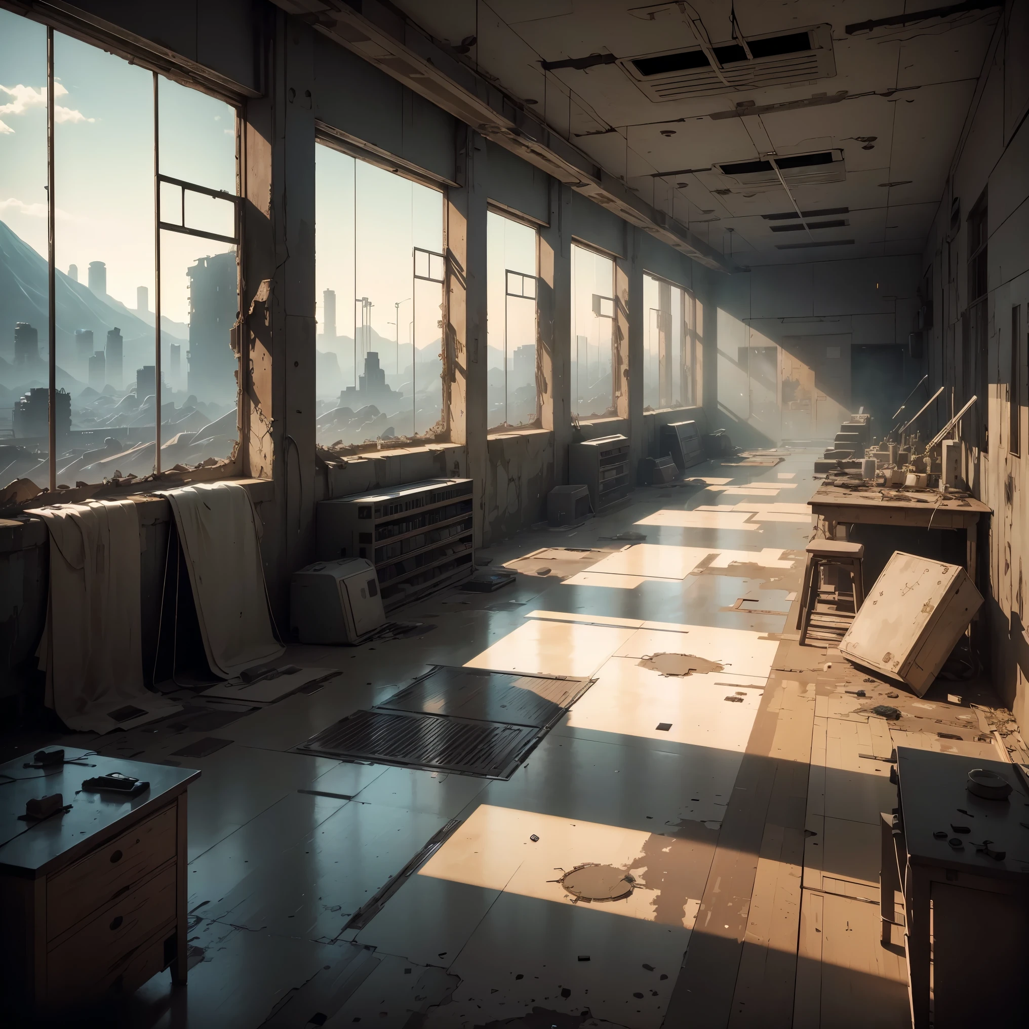 (Anime Landscape Wallpaper, Beautiful UHD 4K art) (best quality), ultra-detailed, An abandoned laboratory, a desolate space devoid of humans. A mad scientist's laboratory, dabbling in forbidden research, lined with destroyed culture tanks and dotted with operating tables. Abandoned high-tech surgical tools lie on the floor.