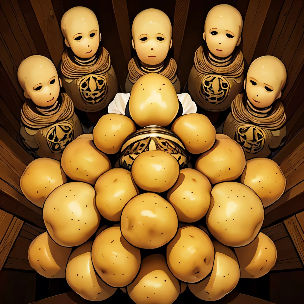 (a figurehead body made of many potatoes), mask, abstract, distorted reality, Illusion, yellow-brown tone, illustration
