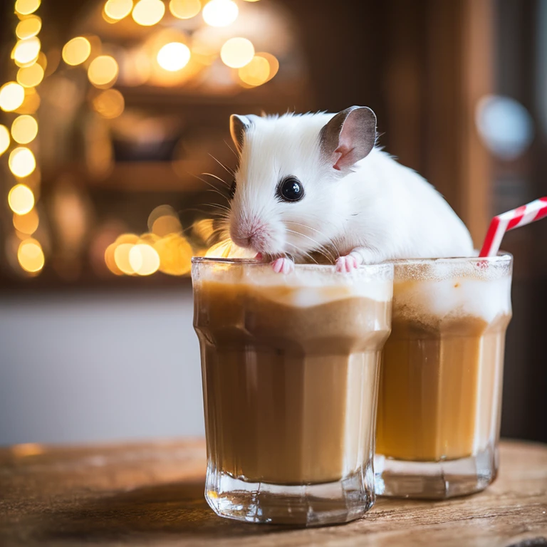 Dwarf Winter White Russian Hamster drinking a hot drink。