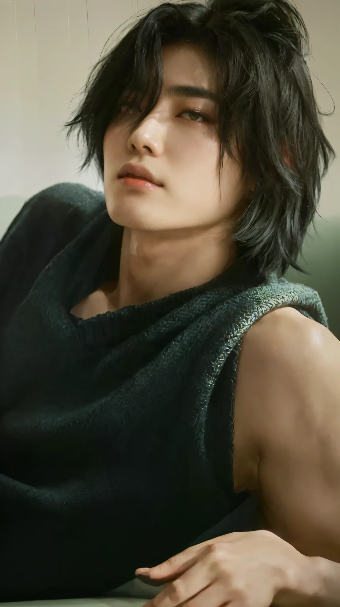 arafed asian man with a black shirt and a green sweater, with short hair, sui ishida with black hair, fubuki, by Tadashi Nakayama, attractive androgynous humanoid, close - up portrait shot, attractive neck, androgynous person, androgynous male, ((tatsuro yamashita)), delicate androgynous prince