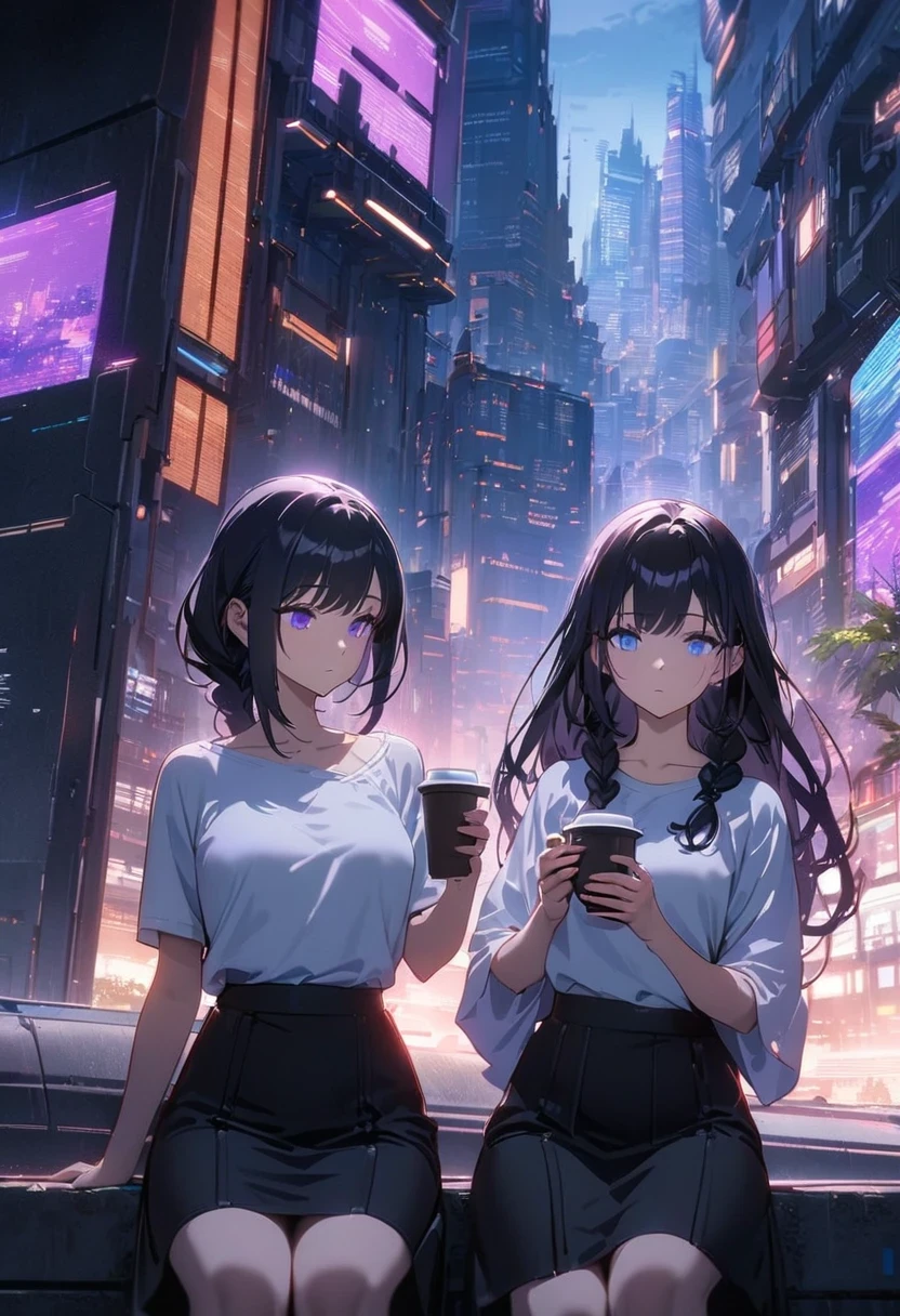 scenic, scenery, masterpiece, Cinematic Lighting, best quality, Illustration, 2 mature girls, 1 girl with purple eyes and purple white gradient twin braided long hair, another girl with short black hair and blue eyes, expressionless,  wearing white top and black skirt outfit, sitting down beside each other, drinking coffee, sci-fi, cityscape with tall buildings, no other humans