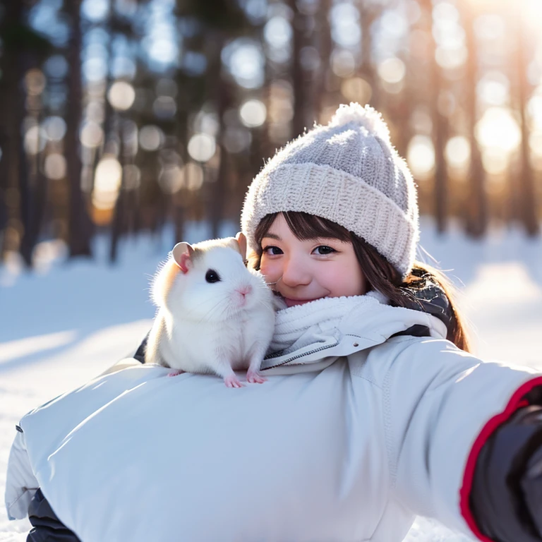 Dwarf Winter White Russian Hamster enjoying winter sports。