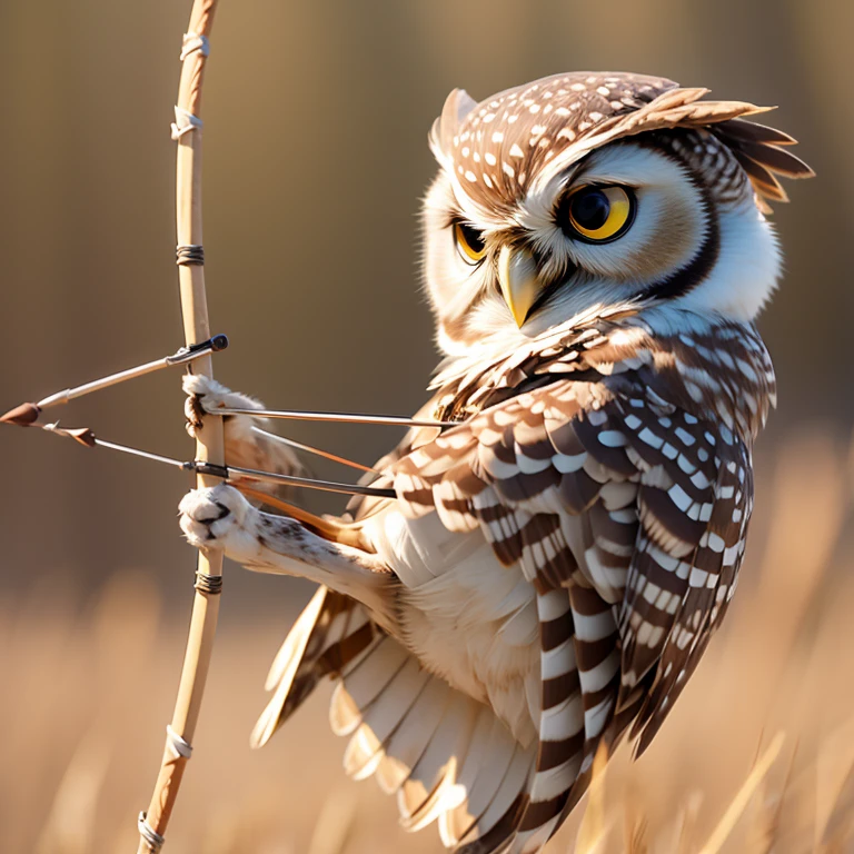Create an image of a burrowing owl shooting a bow and arrow.