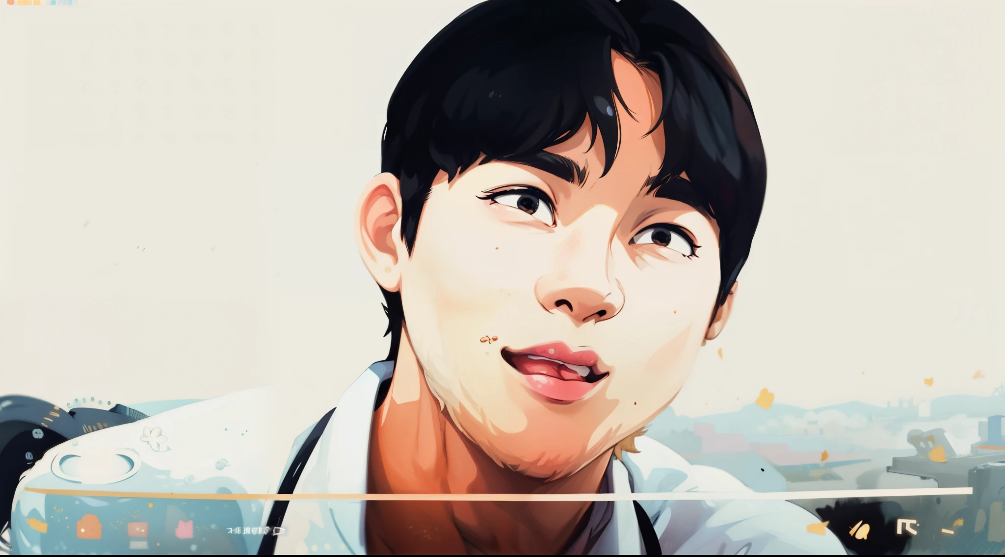 young man is smiling suspiciously