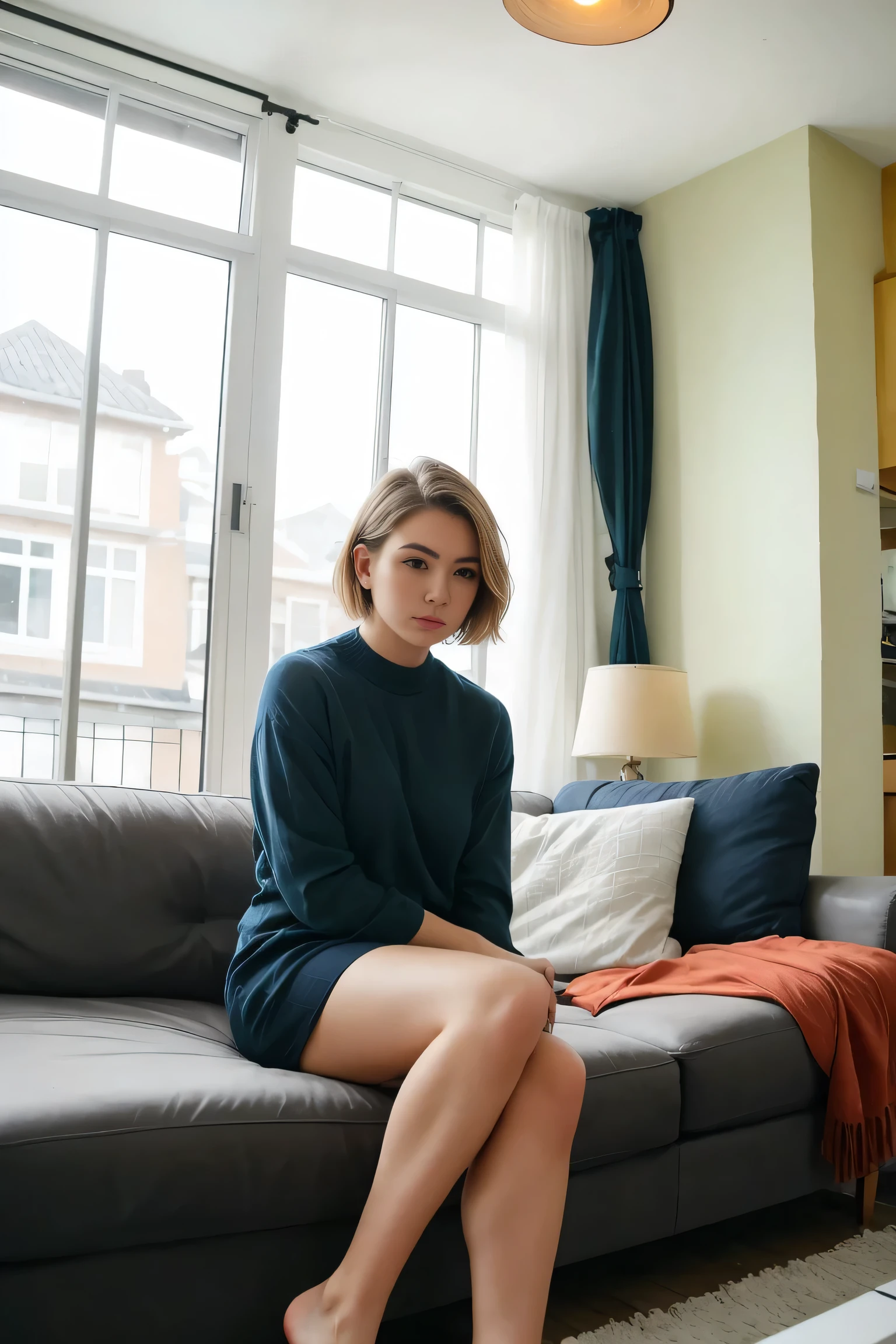 Beautiful Female Short hair,solo,Casual,dutch angle ,living room