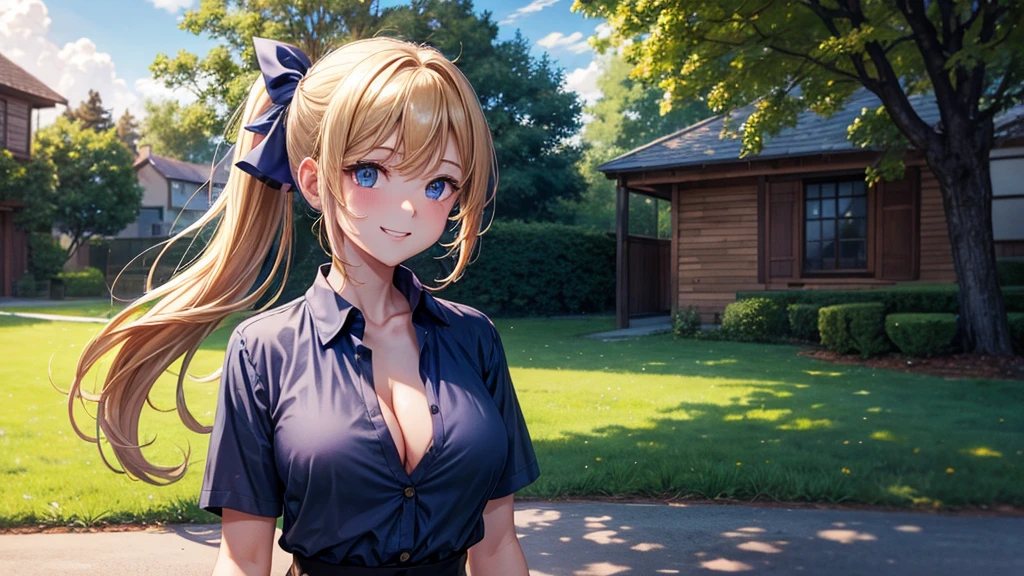 1girl, solo, summer, village, trees, sun, clouds, chestnut hair, side ponytail, large breasts, ((popping shirt buttons)), button down, unbuttoning buttons, dark blue eyes, ((dark blue shirt)), ((unbuttoned shirt)), ((short sleeved shirt)), cleavage 1:3, black skirt, brown shoes, grin, looking at the viewer, standing, hair ribbon, golden necklate