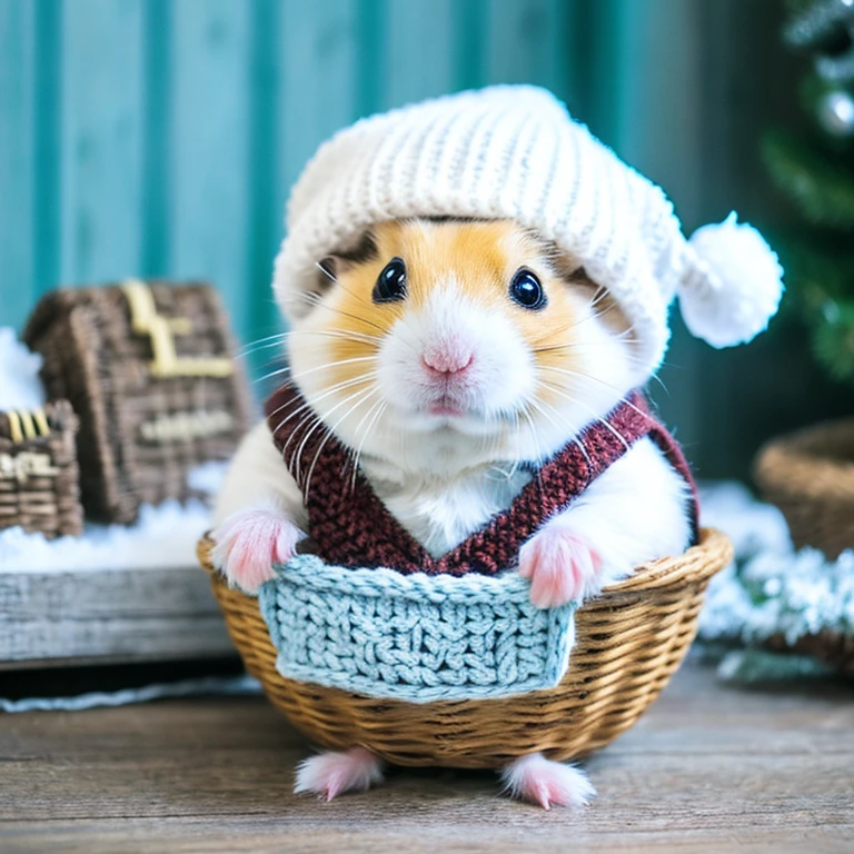 Dwarf Winter White Russian Hamster wearing a small knitted hat。