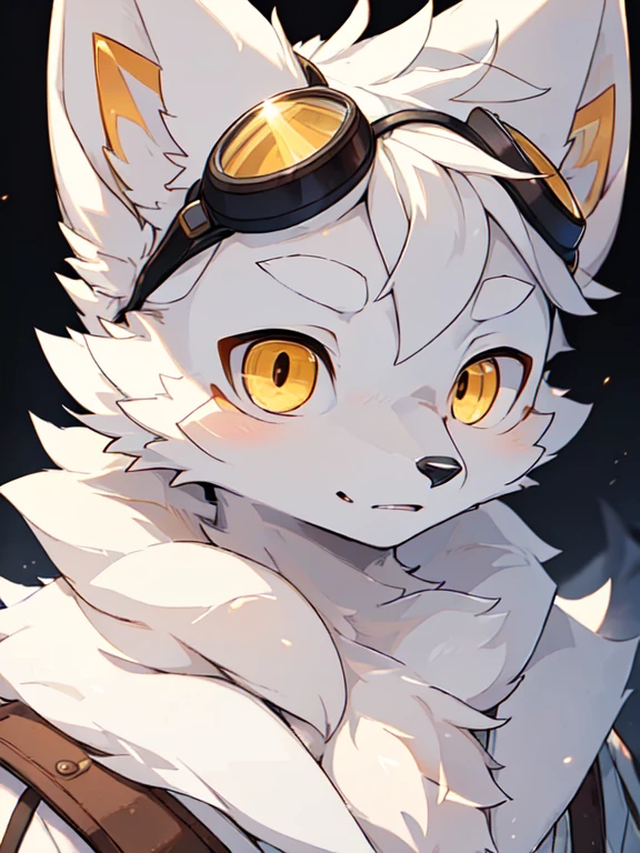 (Best image quality),(masterpiece),(((only))),(Super detailed),(Male Arctic fox:1.5), (White skin:1.3), hairy,(White fur:1.3),((Golden pupils)) ,(Gray ears),(hairy 动物 耳朵s),Wear goggles,Natural Lighting,Complex background,Delicate face,Facial details,character focus,Detailed clothes,Upper Body,Depth of Field,Perfect lighting