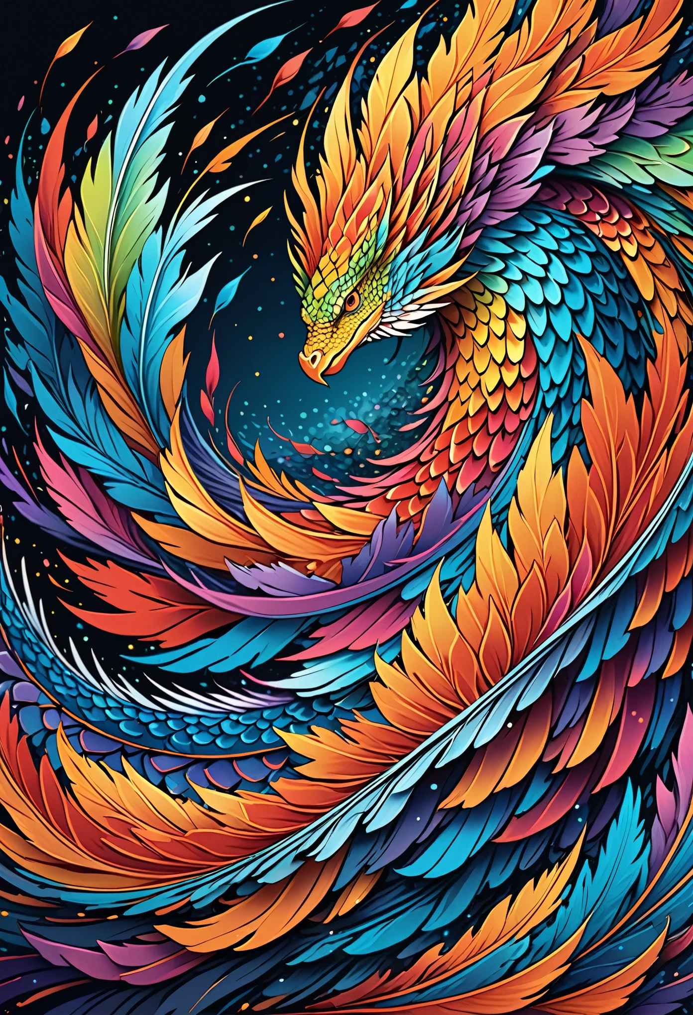 Vector Art, Colorful illustration with lots of scales, In the center,, High Detail,Dark wind background