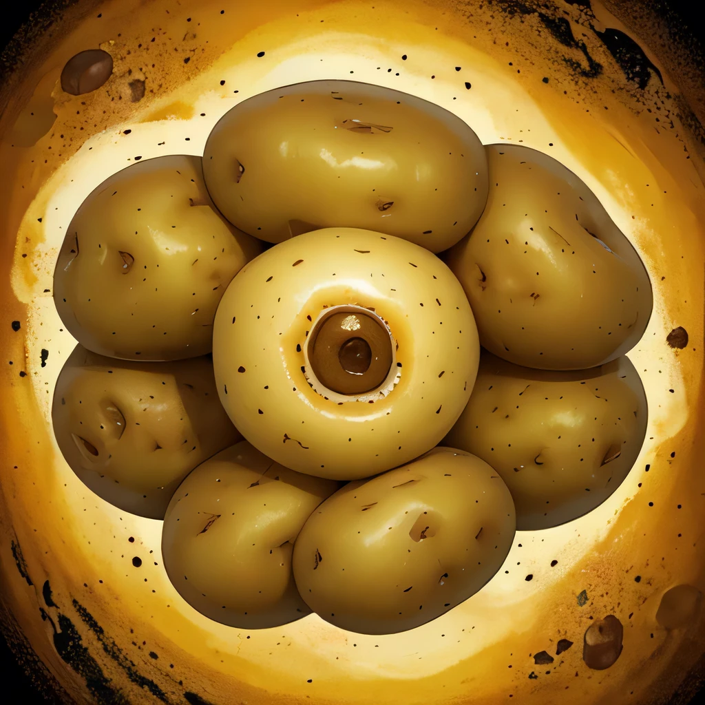 (Potatoes mutated, secreting strange chemicals), abstract, distorted reality, Illusion, yellow-brown tone, illustration