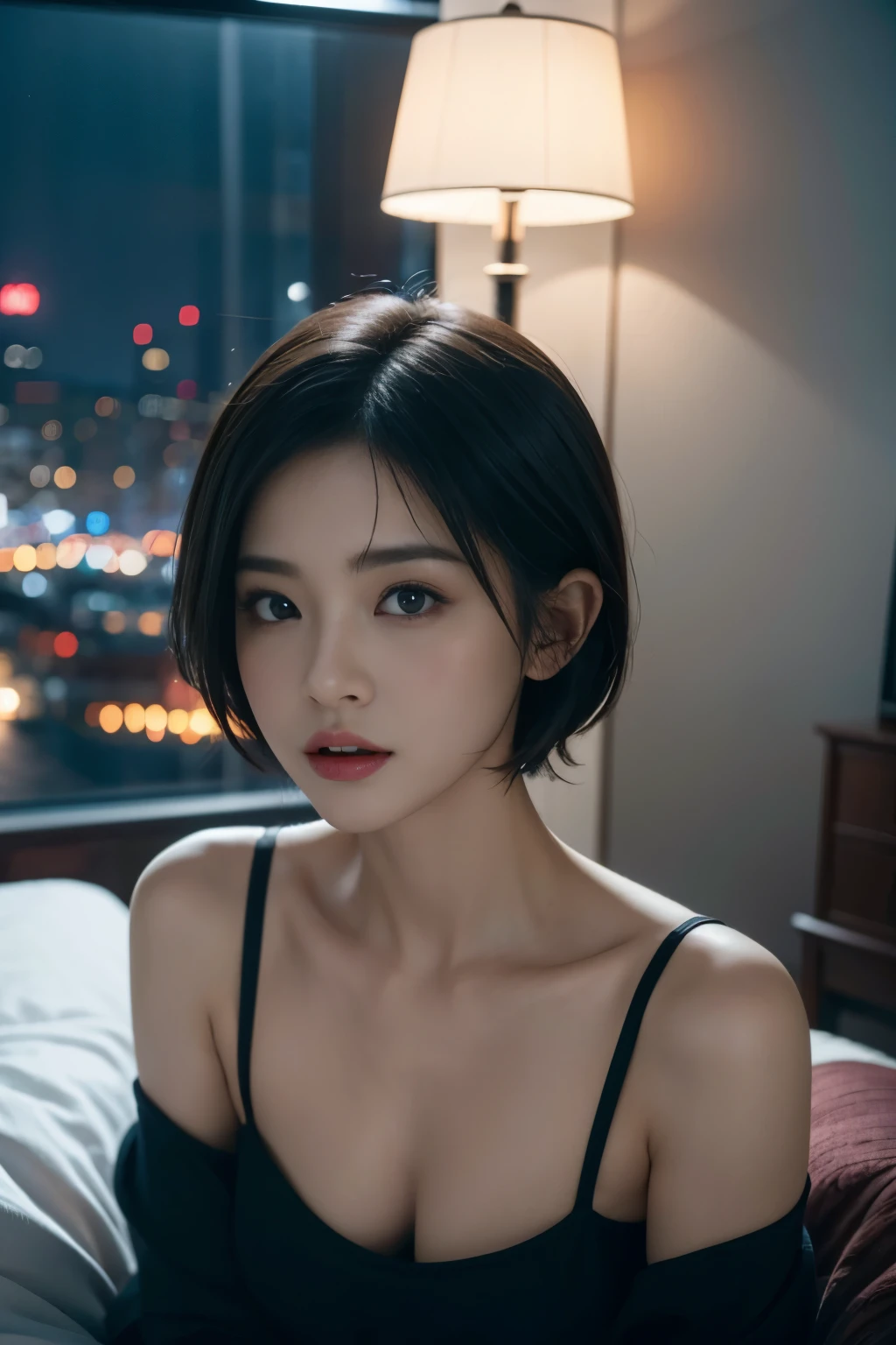 Modern rooms with night views、Quiet time at night、Beautiful woman resting in a sophisticated black and white room、Look down and laugh、Slightly parted lips、Short-haired、Beautiful Japanese actressesのナイトウェア、(Realistic、Photorealistic)、Beautiful Japanese actresses、Short-haired、sakimichan、Cinematic light, Realistically, highest quality, Complex CGI,Highly detailed face,High Detail Eyes,