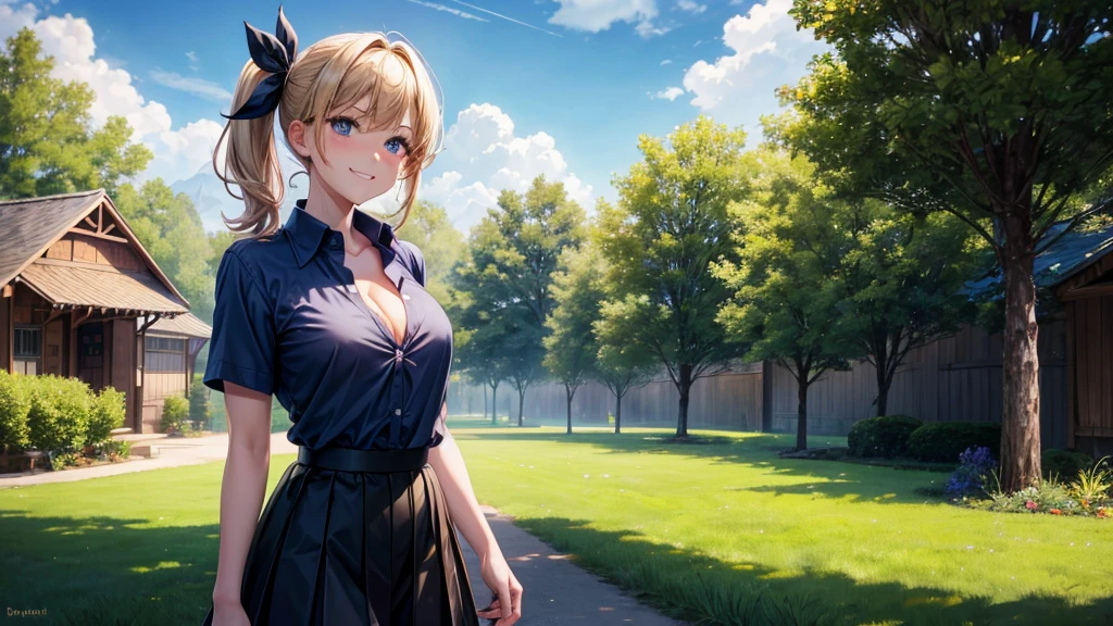 1girl, solo, summer, village, trees, sun, clouds, chestnut hair, side ponytail, large breasts, ((popping shirt buttons)), button down, unbuttoning buttons, dark blue eyes, ((dark blue shirt)), ((unbuttoned shirt)), ((short sleeved shirt)), cleavage 1:3, black skirt, brown shoes, grin, looking at the viewer, standing, hair ribbon, golden necklate