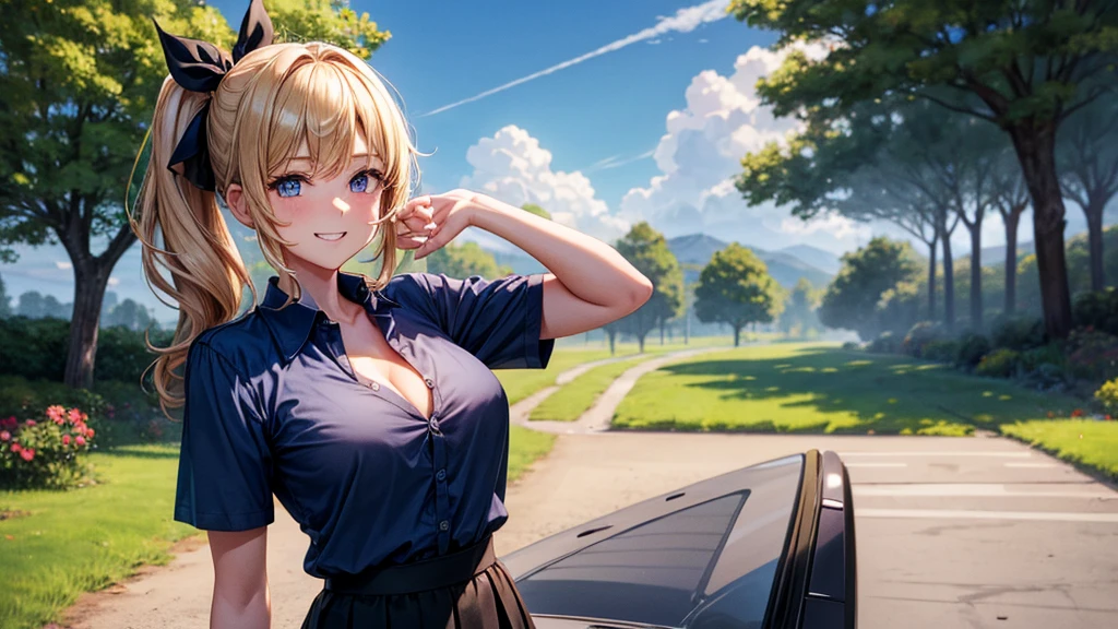 1girl, solo, summer, village, trees, sun, clouds, chestnut hair, side ponytail, large breasts, ((popping shirt buttons)), button down, unbuttoning buttons, dark blue eyes, ((dark blue shirt)), ((unbuttoned shirt)), ((short sleeved shirt)), cleavage 1:3, black skirt, brown shoes, grin, looking at the viewer, standing, hair ribbon, golden necklate