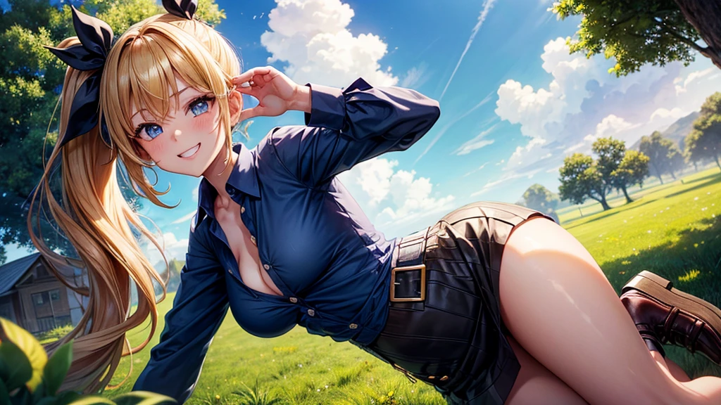 1girl, solo, summer, village, trees, sun, clouds, chestnut hair, side ponytail, large breasts, ((popping shirt buttons)), button down, unbuttoning buttons, dark blue eyes, ((dark blue shirt)), ((unbuttoned shirt)), ((short sleeved shirt)), cleavage 1:3, black skirt, brown shoes, grin, looking at the viewer, standing, hair ribbon, golden necklate
