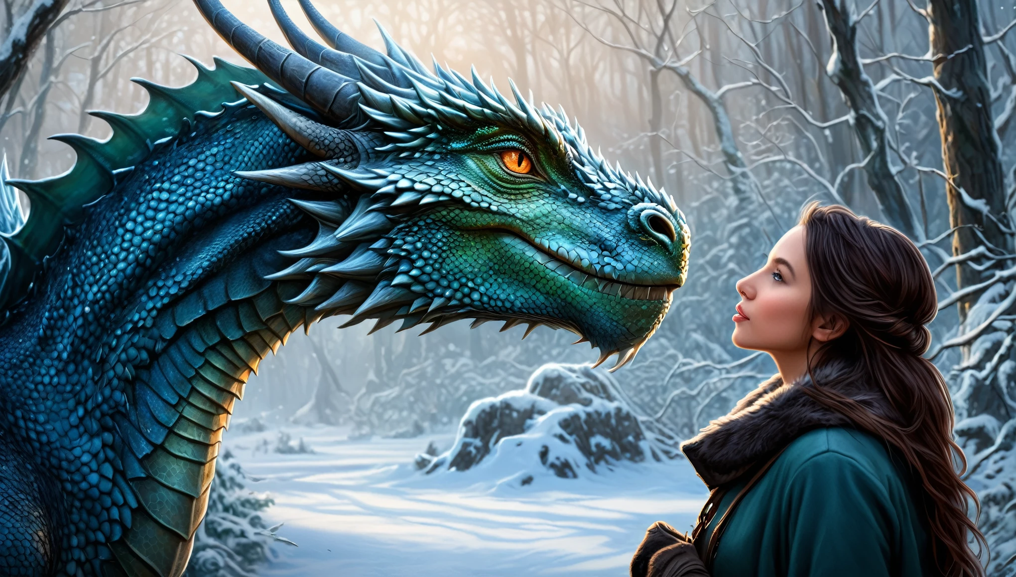 (Fantasy art:1.3) photo of a woman standing next to a dragon in a forest, detailed painting, (inspired by Magali Villeneuve:1.4), (winter scene fantasy:1.3), dragon face, ultra-realistic HD, cute detailed artwork, beautiful avatar pictures, beautiful art UHD 4K, (dragon kissing:1.2), realistic and ultra detailed, detailed realistic, (in the style of Magali Villeneuve and Monet:1.3), stunning detailed picture