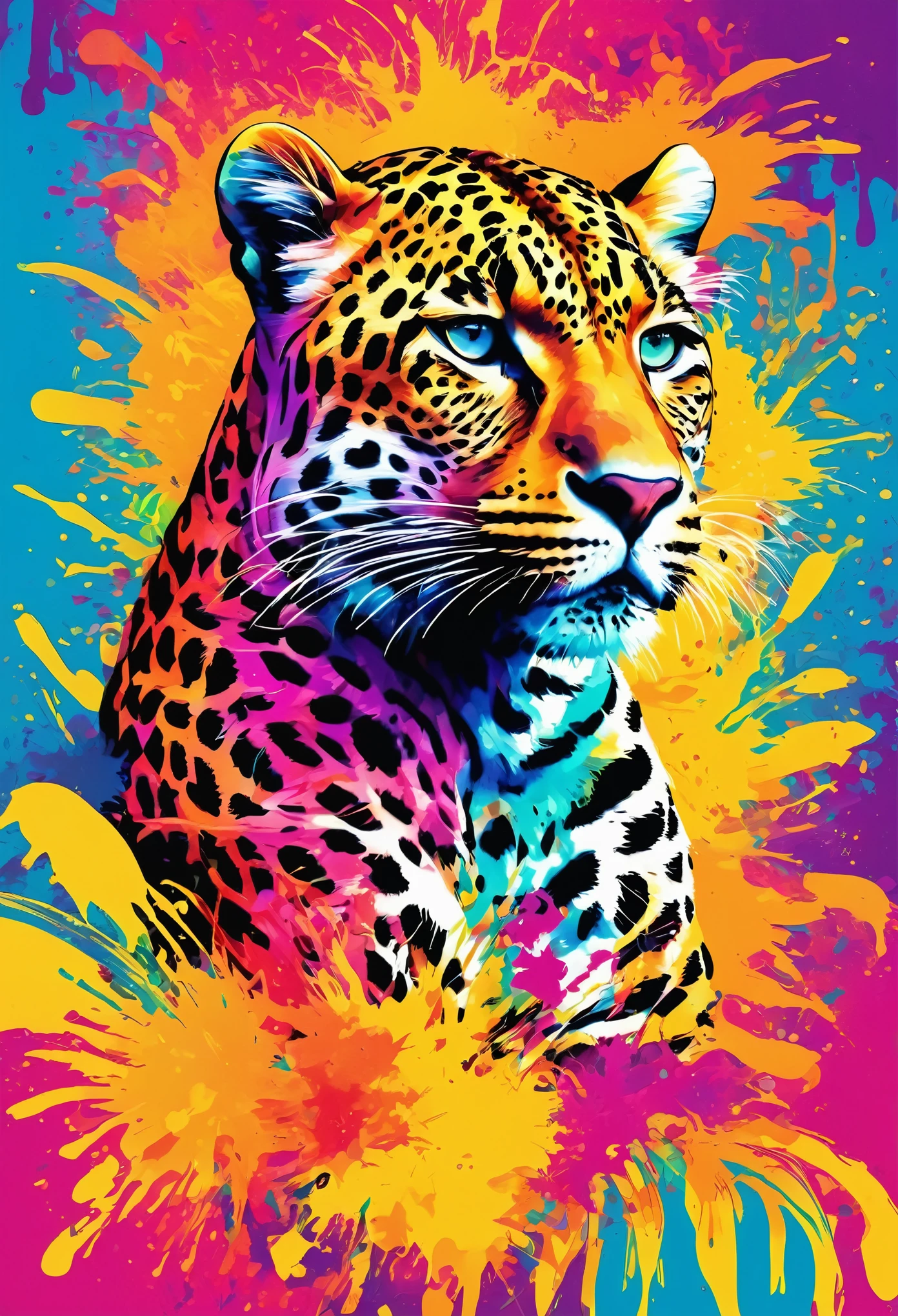 Vector Art, Colorful illustration with leopard print, In the center, Vibrant colors，Paint splatters and stains，Hawaii Background
