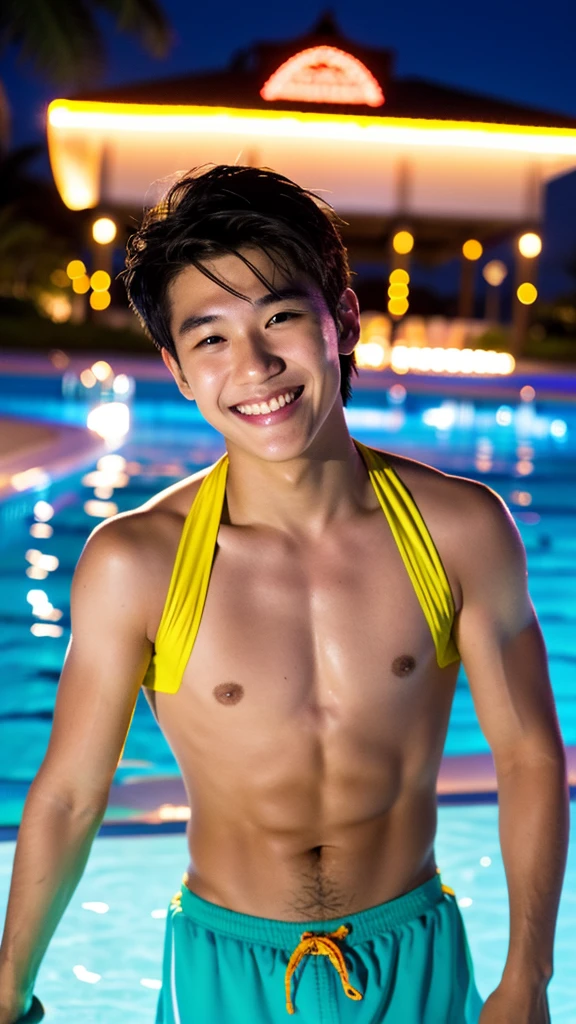 male　Age 18 Lifesaver swimwear smiling hawaii  at night