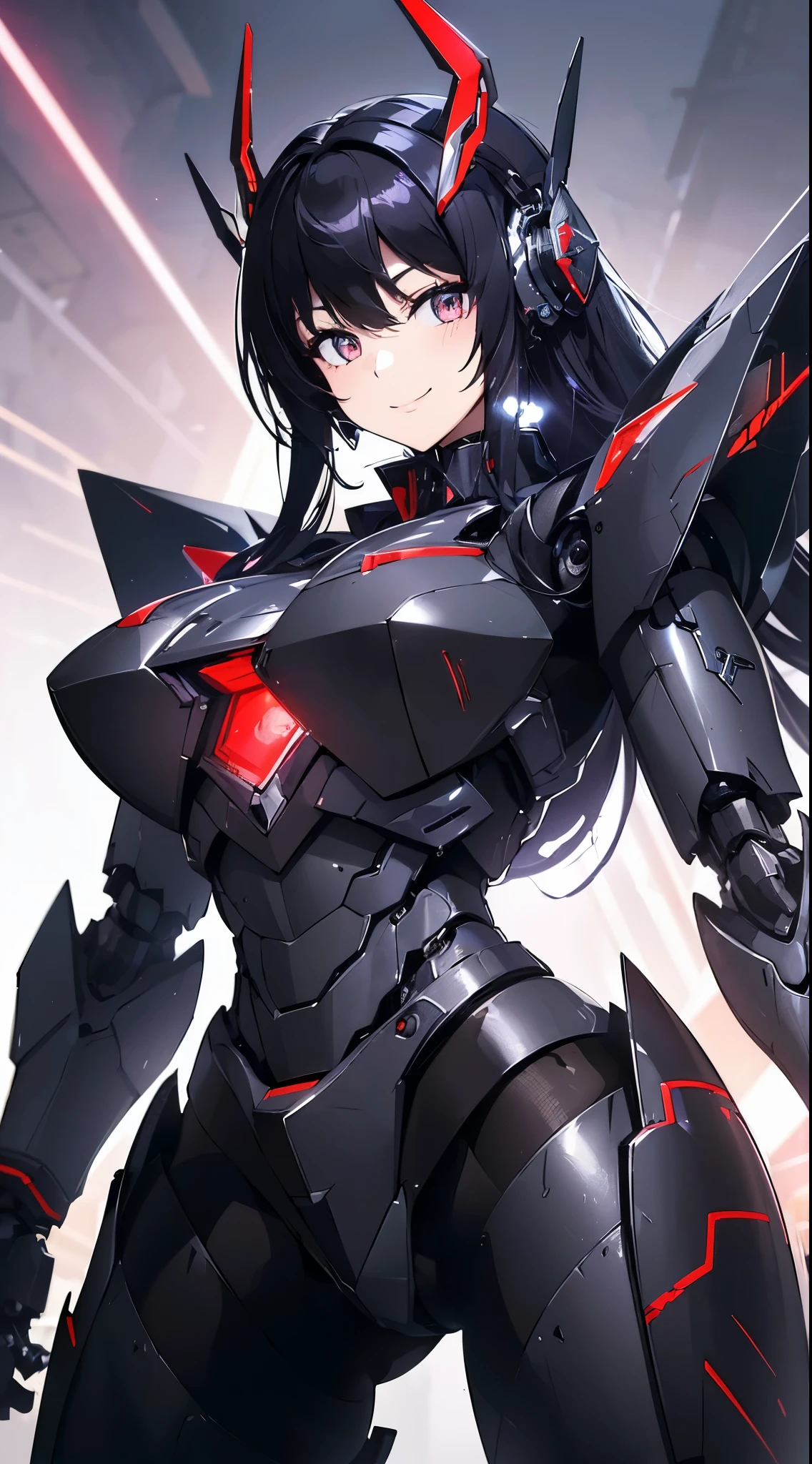 Machine eyes glowing red、A kind smile