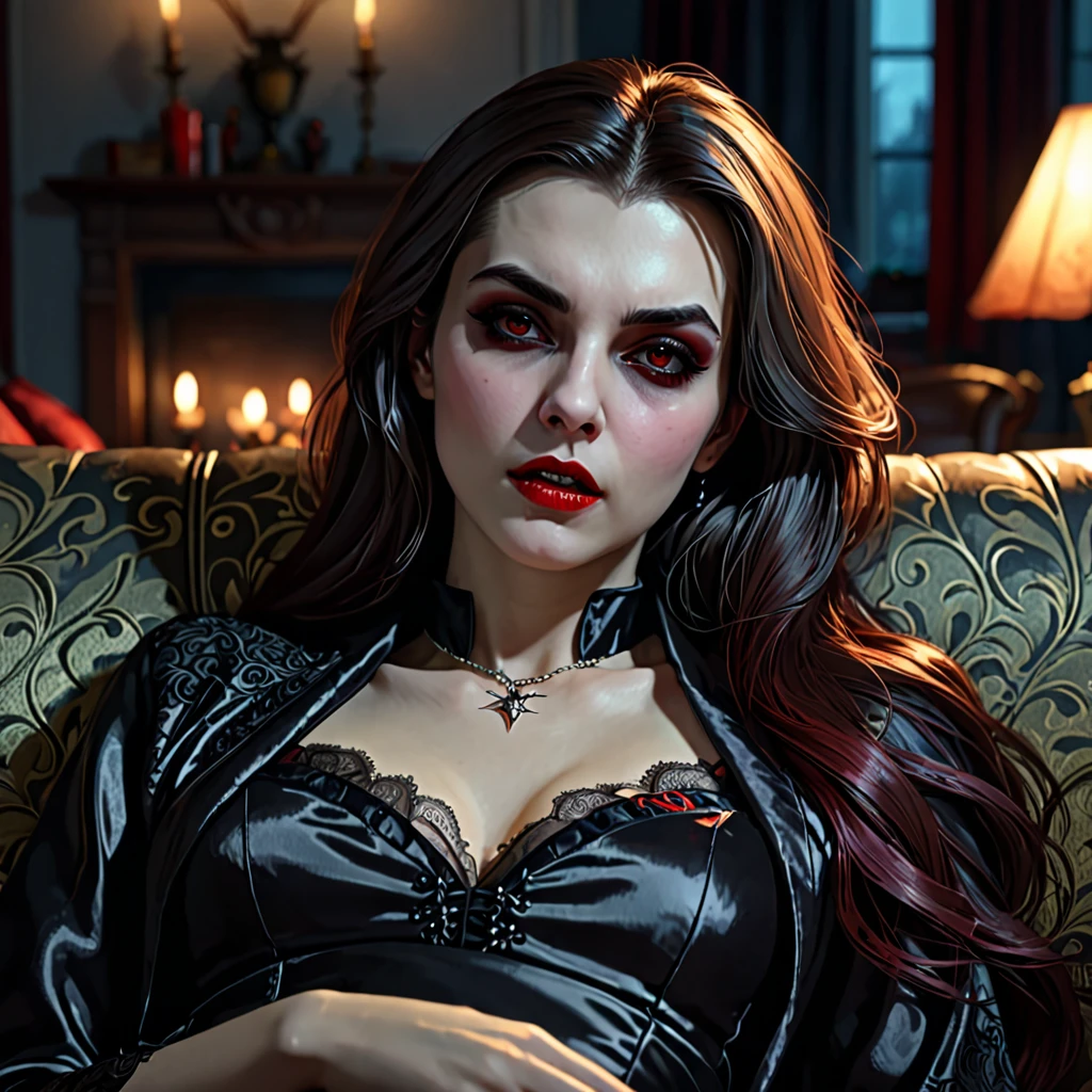 A girl, lying on the sofa, looks very enjoyable, vampire style, looks depressing, high quality, ultra-detailed, crazy details, 4K