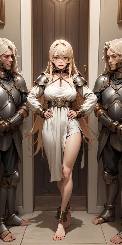 (Forrest:Face:LORA)(Curly Blonde Long Hair) full body, barefoot, solo, female, big breast, linen tunic, fantasy village, armor, Handcuffs on their hands with a collar around the neck, hands on hips, slave ((black choker, shackles on legs and arms))