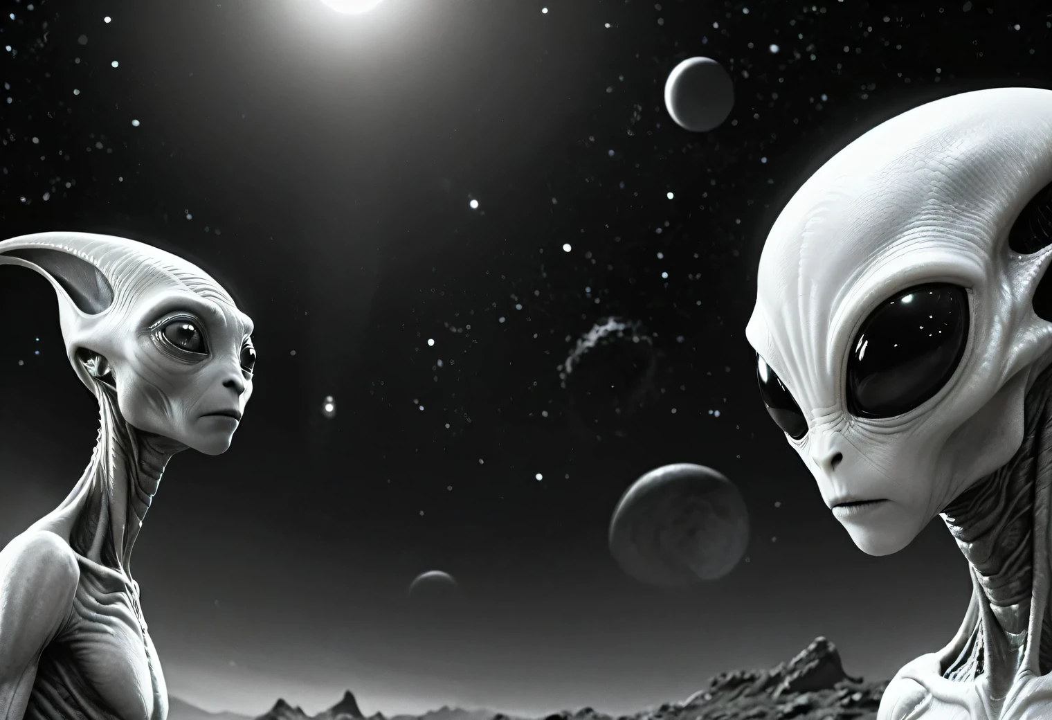 Black and white image, black alien life form stands and looks at white alien life form, white alien life form stands and looks at black alien life form, alien life forms are shown in detail, alien life forms look funny and kind, upper angle, upper angle, black and white image, detailed, realistic, difficult, black and white world and your own life, unreal, high resolution 32k