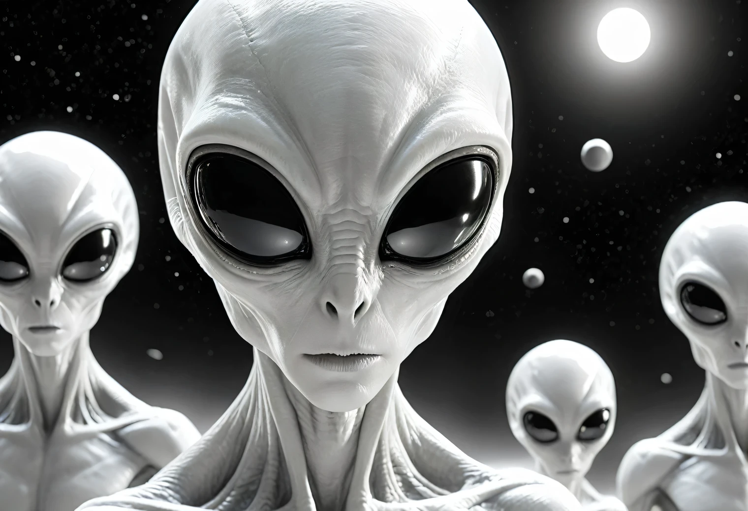 Black and white image, black alien life form stands and looks at white alien life form, white alien life form stands and looks at black alien life form, alien life forms are shown in detail, alien life forms look funny and kind, upper angle, upper angle, black and white image, detailed, realistic, difficult, black and white world and your own life, unreal, high resolution 32k