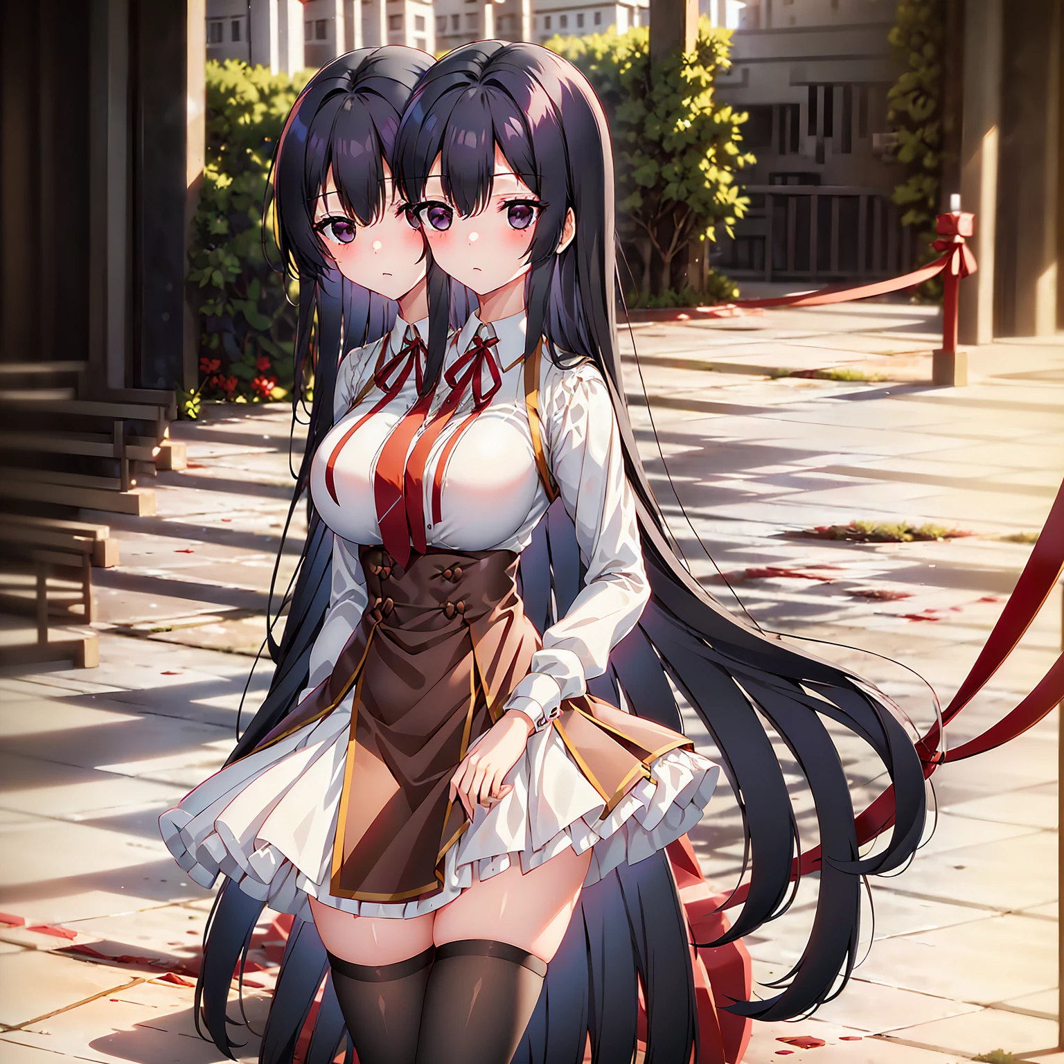 (masterpiece,best quality),best resolusion,1 girl,2heads:2.5, yumiella character,long black hair,black eye,wearing a white uniform with a red cloth on the shoulders,wear a rope around the neck,wearing a long brown skirt with a tie at the waist,normal breasts,simple background