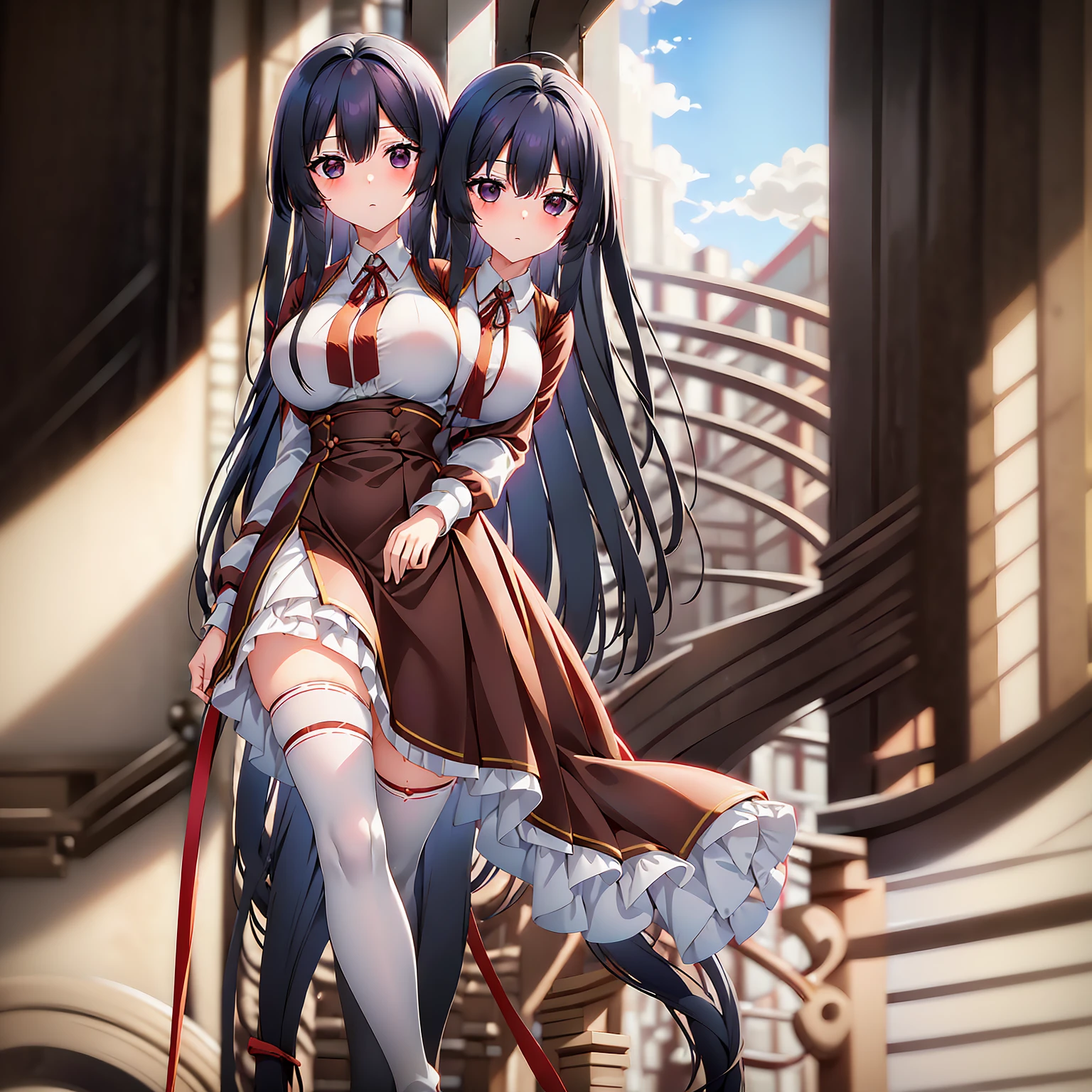 (masterpiece,best quality),best resolusion,1 girl,2heads:2.5, yumiella character,long black hair,black eye,wearing a white uniform with a red cloth on the shoulders,wear a rope around the neck,wearing a long brown skirt with a tie at the waist,normal breasts,simple background
