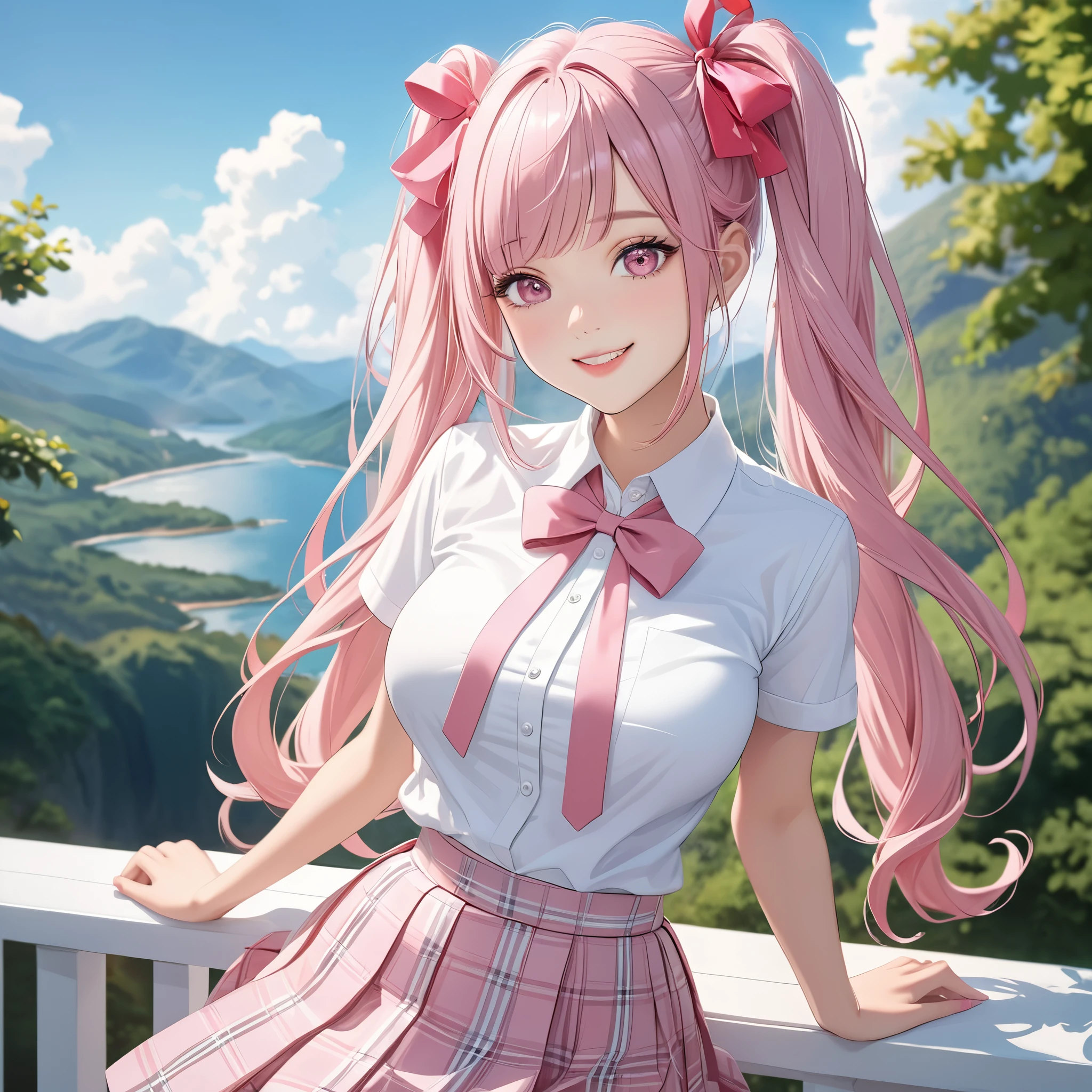 (8K, masutepiece, Highest Quality, Best Quality, Official art, Breathtaking beauty and aesthetics, A highly detailed, The best masterpiece in history that exceeds limits, Breathtaking and beautiful lighting:1.2), (1 Absolute Beautiful Girl, Solo), (), (beautiful detailed face), (shiny white skin), (beautiful detailed pink twin tails hair, Bangs:1.3), (beautiful detailed adolable drooing pink eyes:1.3), (high school uniform), (white shirt, pastel pink Tartan Plaid pleated skirt, patsel pink ribbon:1.3), (Beautiful big bust:1.3), (happy smile, Beautiful smile, Gentle smile, cute smile, innocent smile:1.2), (Attractive, amazing, Beautiful, Elegant, Luxurious, magnifica, Happy, Eye-catching, the ultimate beauty, Supreme Beauty, Superlative beauty, Elegant, Graceful, Everyone loves it, Beauty that fascinates everyone, Healed, The highest level of complete beauty, cute like an idol, Stylish like a fashion model, Goddess-like grace, Be loved, cute little, adolable), Look at the camera, cute pose, breathtaking scenery, (ultra detailed realistic Beautiful high school study, blue sky, morning:1.3),