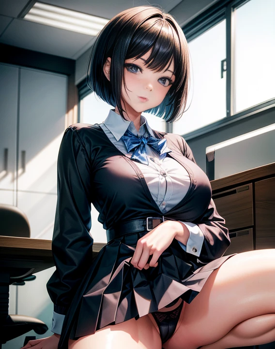 Anime art masterpiece, Best image quality: 8k, Attractive 18 year old Japanese woman with black bob haircut, Office lady facial expression (OL) uniform. Her fitted white blouse, Emphasize your overflowing breasts. The skirt is short, The pleated dress contrasts beautifully with her slim waistline....

She was encountered in a squatting position in the office..., Panties in full view, Her crotch was clearly wet...、Thighs wide open, Engage your audience&#39;Note. Captivating Expressions