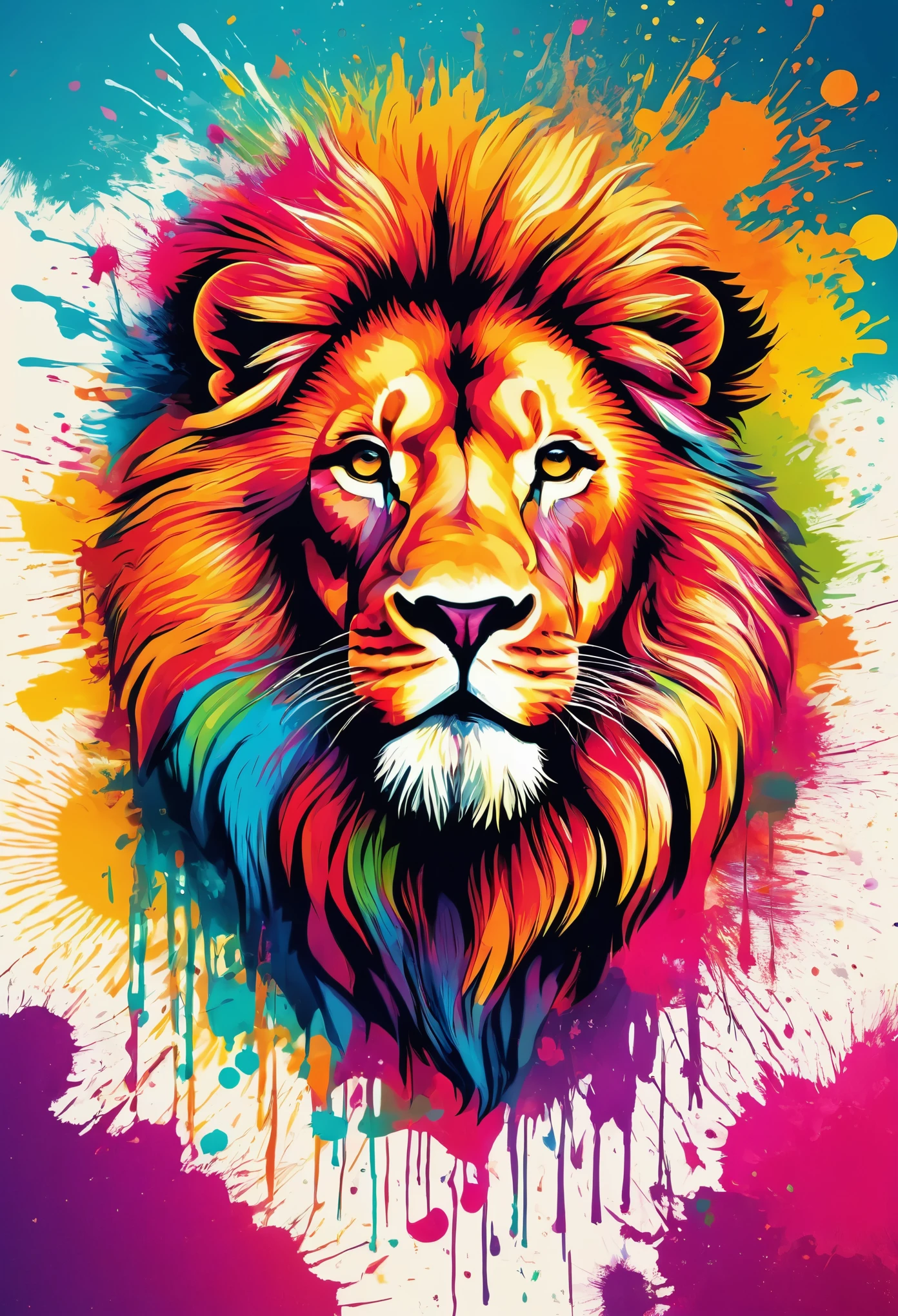 Vector Art, Color illustration with lion, In the center, Vibrant colors,Paint splatters and stains,Hawaii Background
