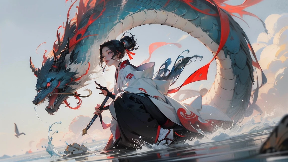 A blue dragon with a sword and a woman with blue hair, Detailed Art, A woman in a beautiful kimono with horns, onmyoji, Japanese art style, The fox and the bush, kitsune, Beautiful Oni Woman, Amaterasu Oomikami, by ヤン・J, Gweitz, The sea spreads out in the background