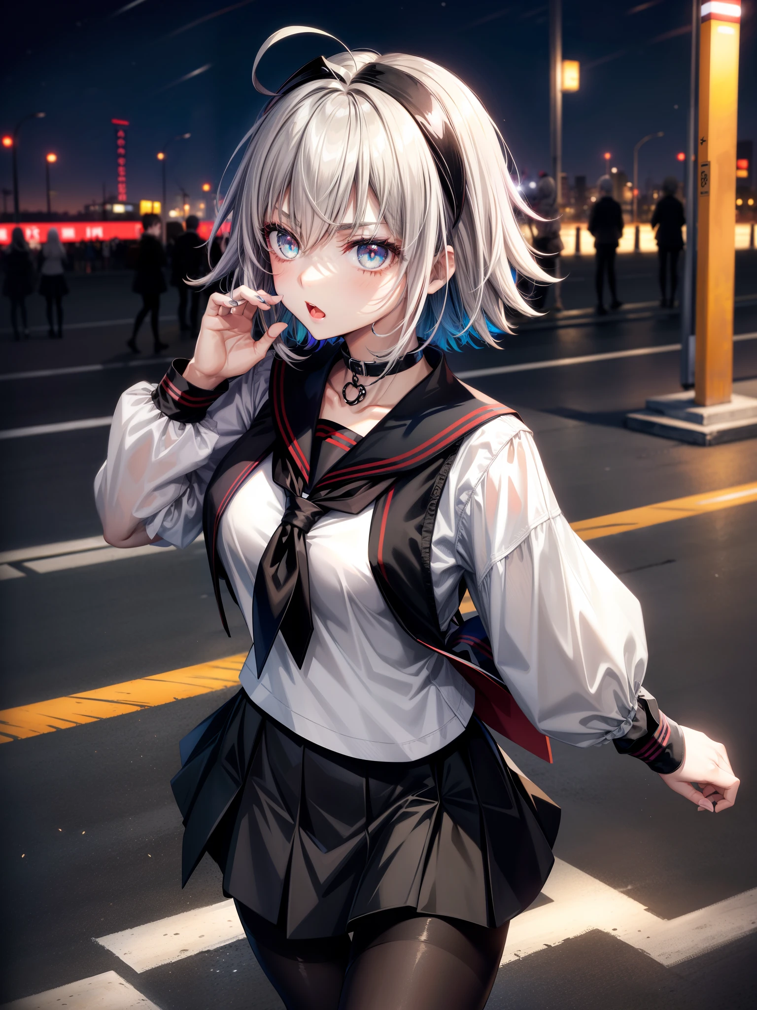 masterpiece、Best Quality、
1 Girl、   
solo, cyber punk, 白pantyhose, Sister, Multicolored Hair, Outdoor, null, , wood, blue eyes, Gray Hair, Sailor collar, neckerchief, Unite, Striped Hair, skirt, eyebrows hidden by hair, nightnull, Look at the side, scar, 黒Sailor collar, Medium Hair, 黒skirt, pantyhose, 黒Serafuku, Hair between the eyes, Long Bangs, プリーツskirt, White of the eyes, Open your mouth, Serafuku, Black Hair, night, 顔のscar, pedestrian crossing