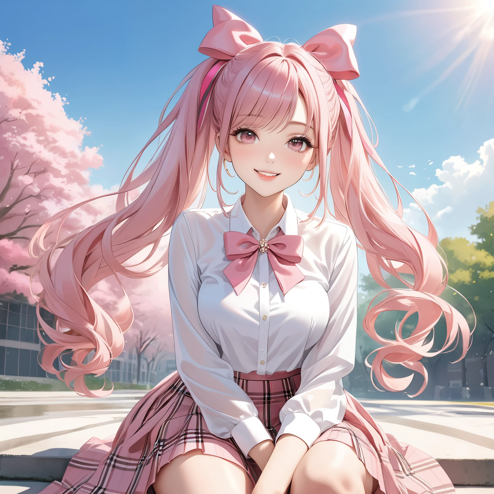 (8K, masutepiece, Highest Quality, Best Quality, Official art, Breathtaking beauty and aesthetics, A highly detailed, The best masterpiece in history that exceeds limits, Breathtaking and beautiful lighting:1.2), (1 Absolute Beautiful Girl, Solo), (), (beautiful detailed face), (shiny white skin), (beautiful detailed pink twin tails hair, Bangs:1.3), (beautiful detailed adolable drooing pink eyes:1.3), (high school uniform), (white shirt, pastel pink Tartan Plaid pleated skirt, patsel pink ribbon:1.3), (Beautiful big bust:1.3), (happy smile, Beautiful smile, Gentle smile, cute smile, innocent smile:1.2), (Attractive, amazing, Beautiful, Elegant, Luxurious, magnifica, Happy, Eye-catching, the ultimate beauty, Supreme Beauty, Superlative beauty, Elegant, Graceful, Everyone loves it, Beauty that fascinates everyone, Healed, The highest level of complete beauty, cute like an idol, Stylish like a fashion model, Goddess-like grace, Be loved, cute little, adolable), Look at the camera, cute pose, breathtaking scenery, (ultra detailed realistic Beautiful high school study, blue sky, morning:1.3),