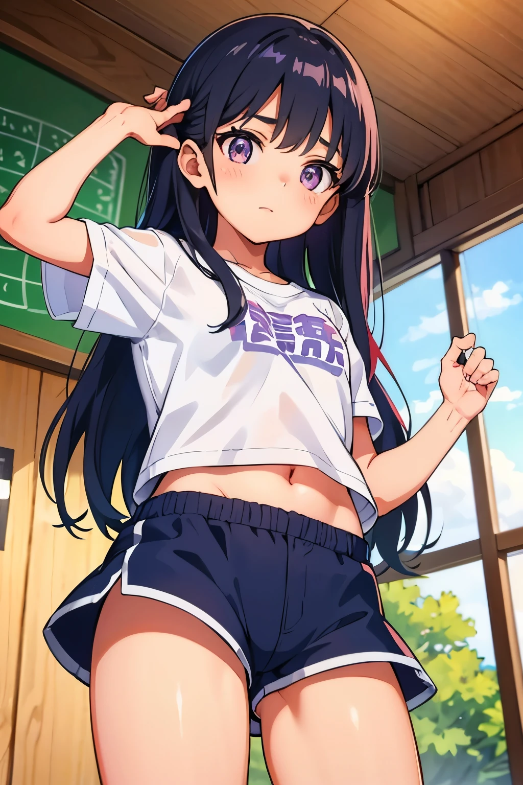 Country house, elementary school girl, 8 years old, flat chest, black hair, long hair, purple eyes （one person） Plain white short-sleeved T-shirt on the upper body and navy blue shorts on the lower body　 White panties（（Panties can be seen through the gap in shorts）） Barefoot, six-tatami room, standing, one leg raised, dynamic angle