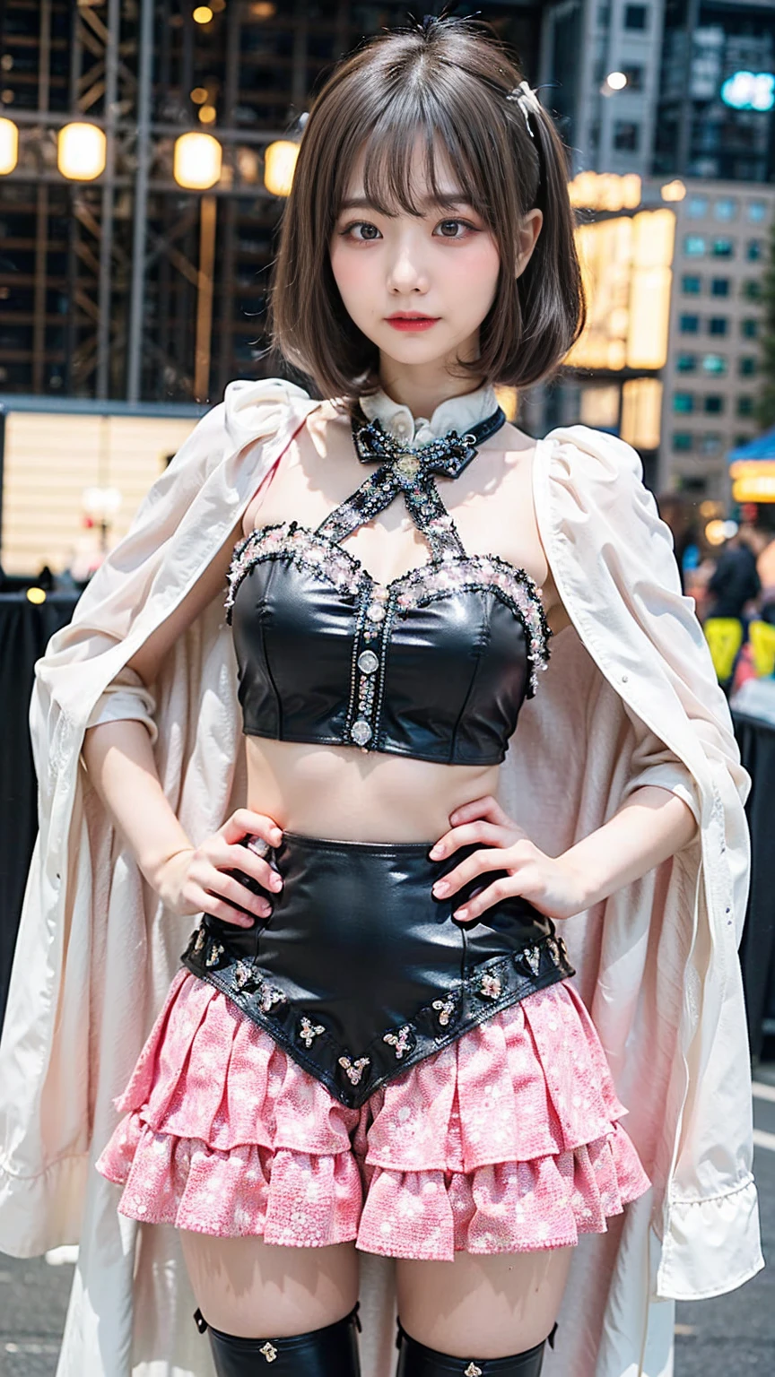 (8k、RAW Photos、highest quality、masterpiece:1.2)、(Realistic、Realistic)、1 girl、((Black and pink dress、belly button、Pink ee-through、Big Breasts、View from the front、stage、Spotlight、Twin tail hair、Bustier、Cape、smile、whole body、short boots、Standing with hands on hips))、Lots of eyelashes、Glowing eyelids、skeletally correct