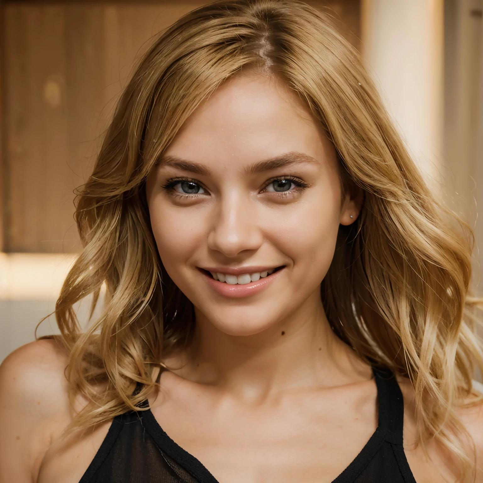 Create an image of a realistic standard woman she has blonde hair and light brown eyes and an infectious smile