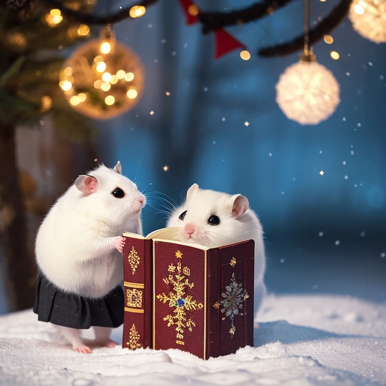 Dwarf Winter White Russian Hamster reading a book on a winter night。