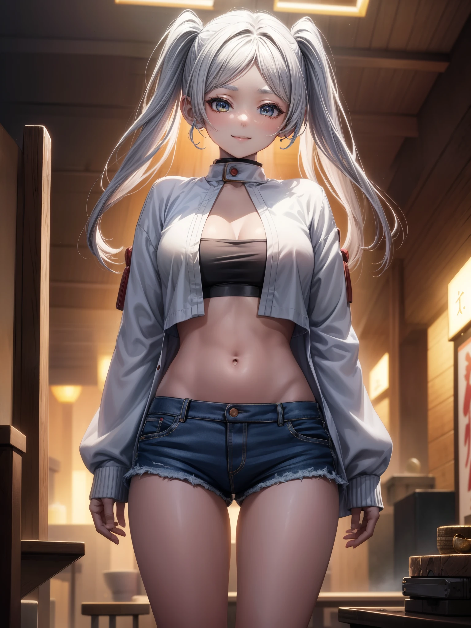 1 girl、solo、Muramasa Sansei、Very dark skin、Small cardigan、Sleeves beyond the wrist、Large Breasts、Cleavage、Denim Shorts、belly button、belly button、Hip bones、nail、Are standing、Contrapposto、Turn your head、Staring at the audience、Captivating smile、indoor、mall、Perfect lighting、Depth of written boundary、Blurred Background、Cinematic、Cinematic、High budget、(masterpiece)、(highest quality)、(Super detailed)、very beautiful、An illustration、Perfect composition、Intricate details、Disorganized