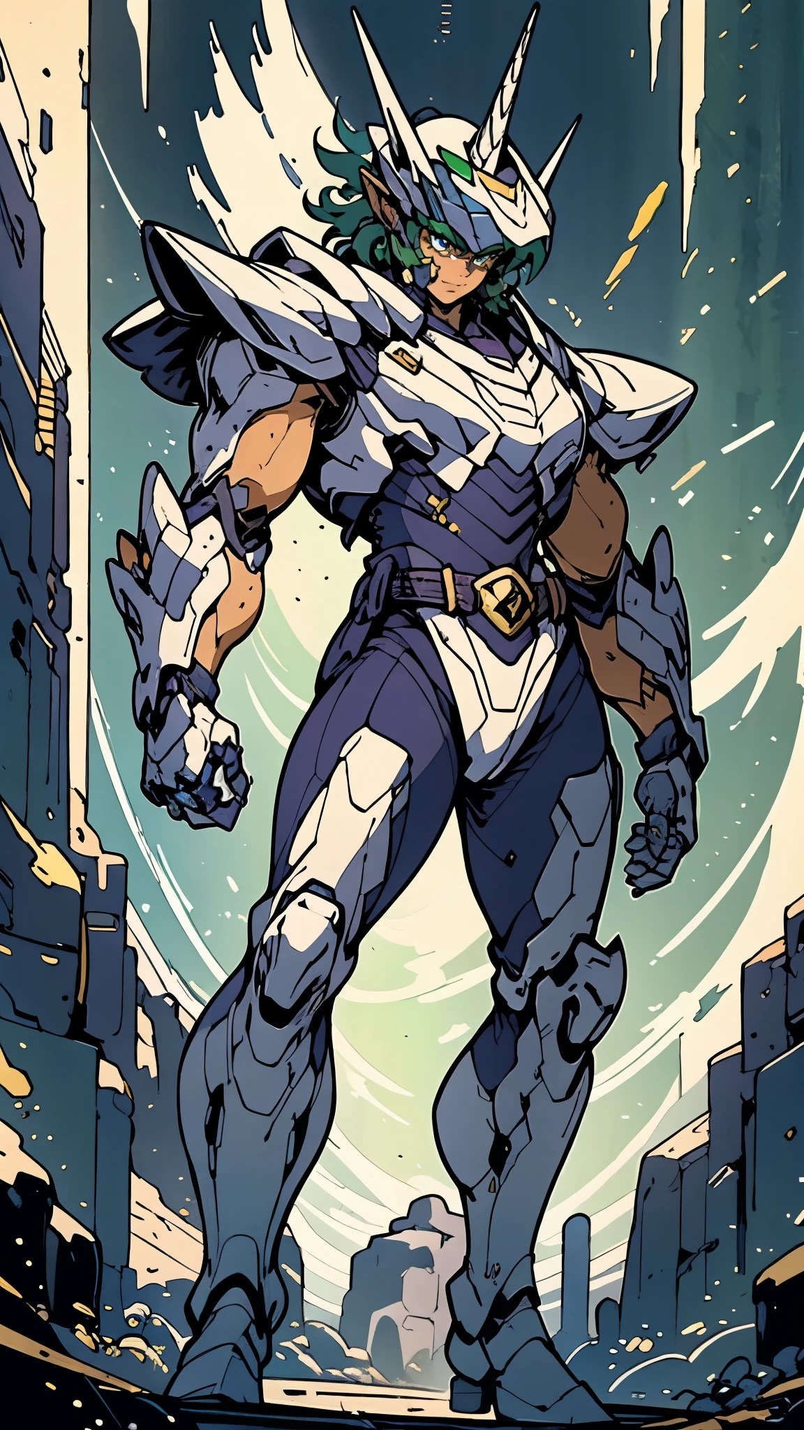 A man wearing a full-face helmet, a fantasy-style biotech armored combat suit, green eyes, (a composite layered chest armor), fully enclosed shoulder guards, matching arm and leg guards, the belt is adorned with Horseshoe-shaped marker, (the color scheme is primarily white with green accents), the design balances heavy with agility, a high-tech bio-mecha armor, (Armor Concept Inspired by Unicorn, stand on the top of a skyscraper in a futuristic sci-fi city), this character embodies a finely crafted fantasy-surreal style armored hero in anime style, exquisite and mature manga art style, (battle damage, element, plasma, energy, the armor glows), ((male:1.5)), metallic, real texture material, dramatic, high definition, best quality, highres, ultra-detailed, ultra-fine painting, extremely delicate, professional, perfect body proportions, golden ratio, anatomically correct, symmetrical face, extremely detailed eyes and face, high quality eyes, creativity, RAW photo, UHD, 32k, Natural light, cinematic lighting, masterpiece-anatomy-perfect, masterpiece:1.5