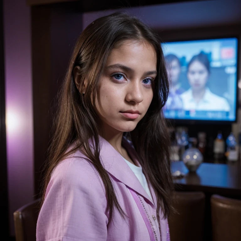 photo of a schoolgirl，8 years old, in Purple Pink, futuristic cotton and linen, (freckles:0.8) cute face, sci-fi, dystopian, detailed eyes, cobalt blue eyes（（Side view））Disco bar