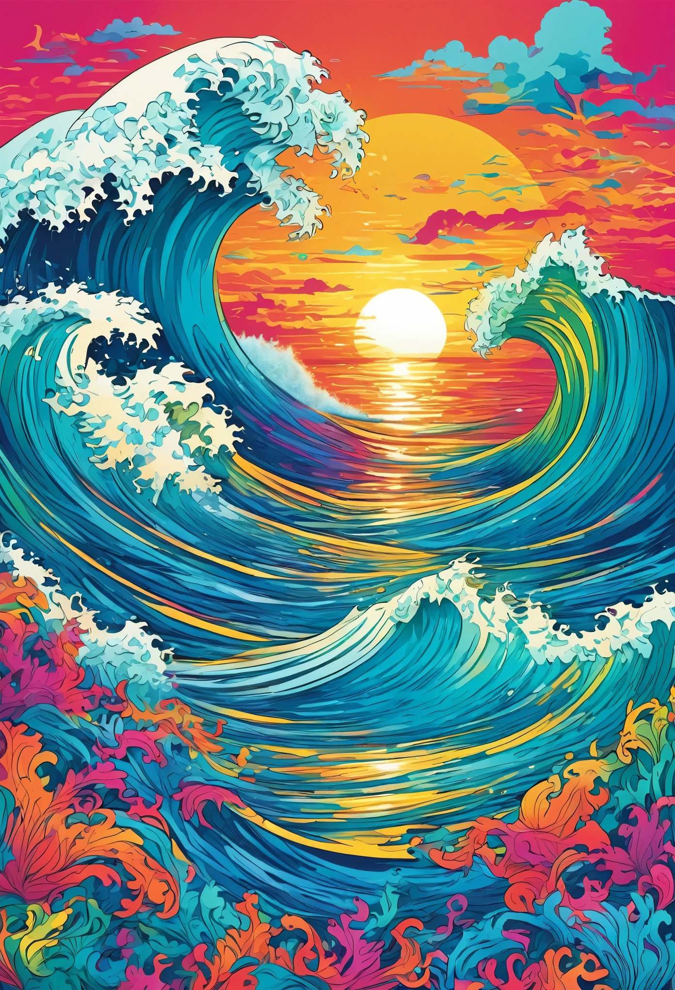 Vector Art, Colorful illustration with lots of ocean waves, Vibrant colors, High Detail,

