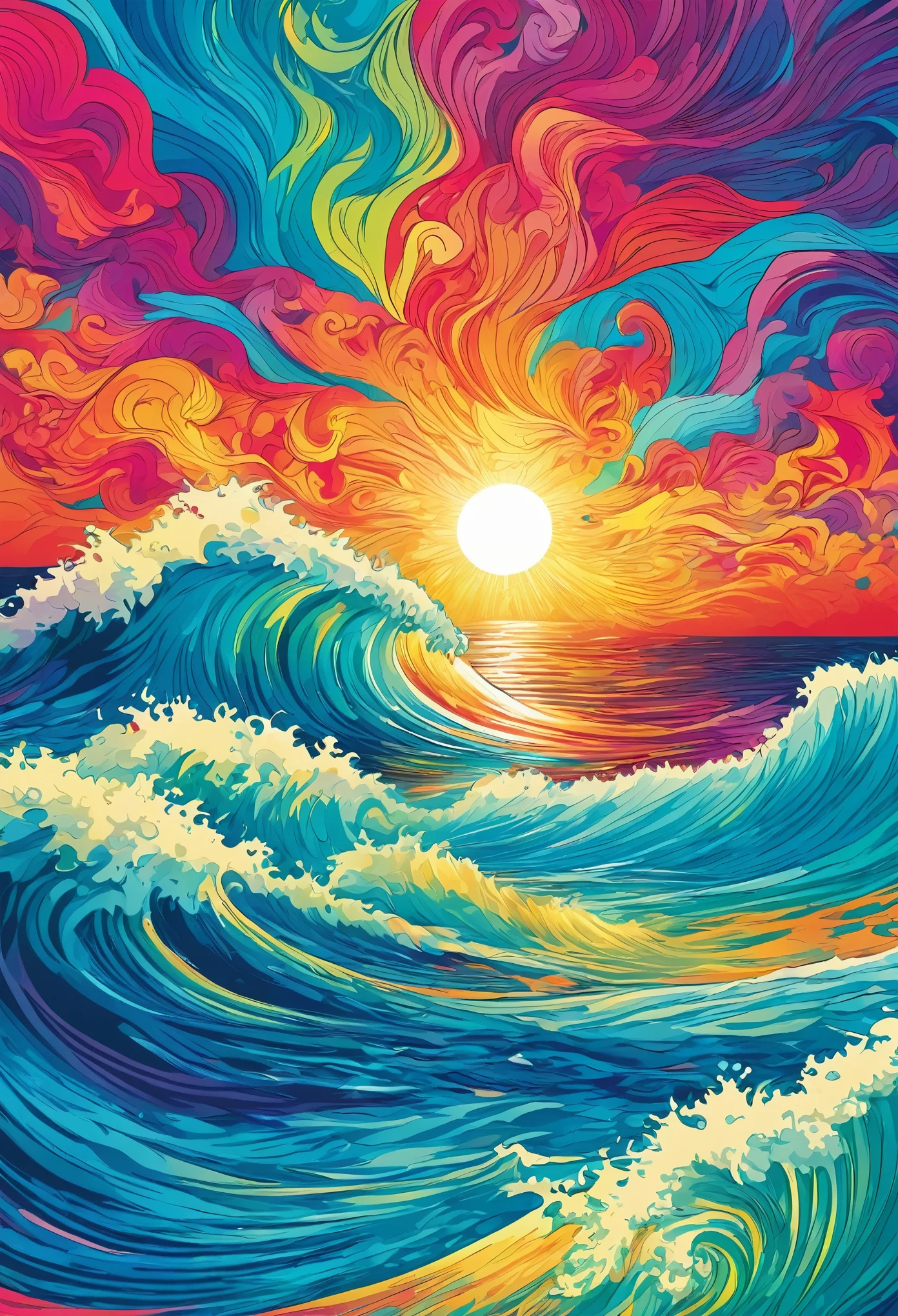 Vector Art, Colorful illustration with lots of ocean waves, Vibrant colors, High Detail,
