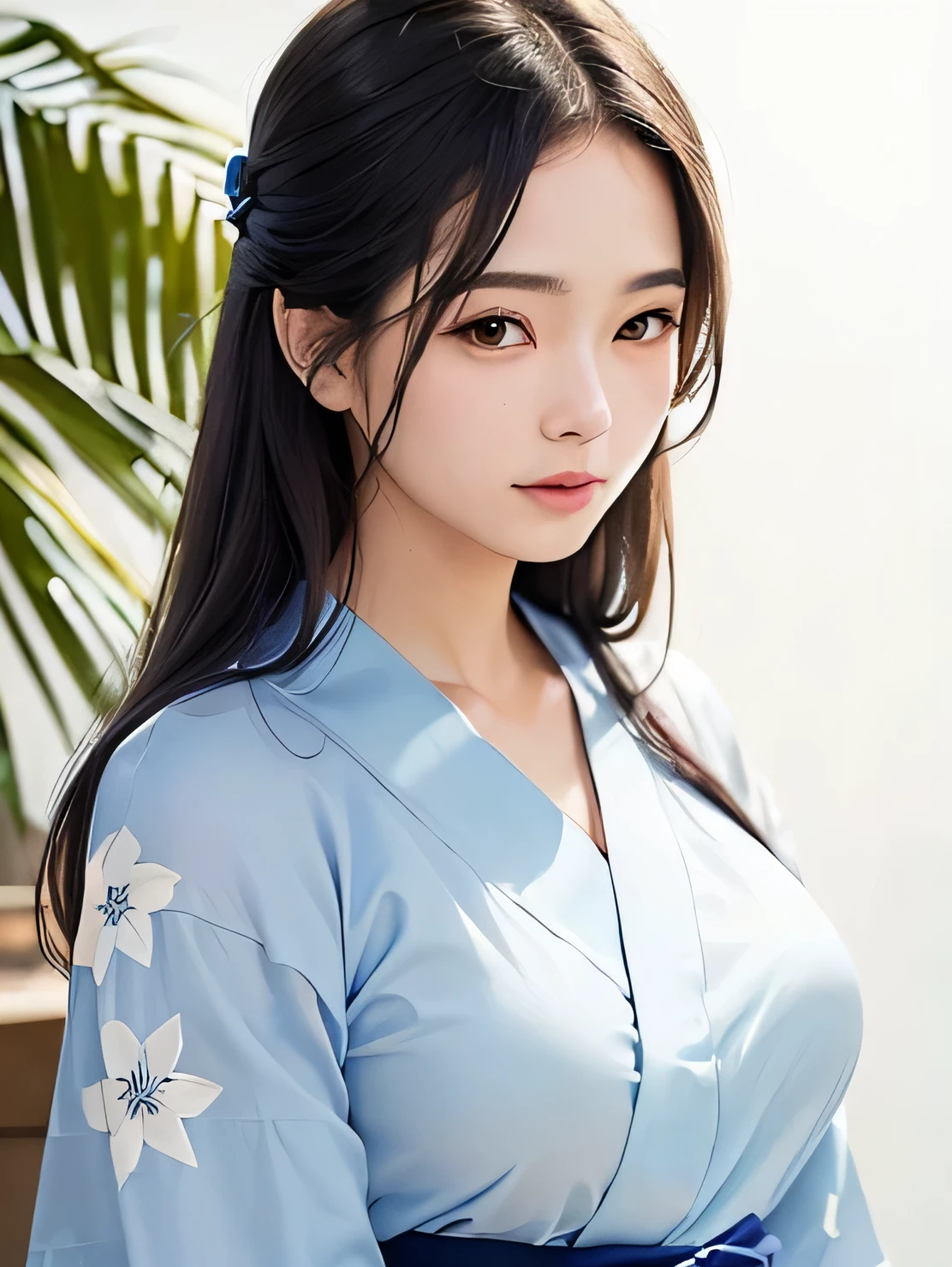 ((vivid, Realistic: 1.5), No background: 1.5, Portrait of a beautiful 17 year old Japanese girl: 1.2, Light Gray Background: 1.2. Breast Augmentation: 1.5, cute: 1.0,Follow me please (Emphasize your breasts): 1.2,((Summer Yukata、Light blue yukata)):1.1. Slightly long hair: 1.2, Navy Blue Hair: 1.2, Small face: 1.1, Straight hair: 1.1,Messy Hair:1.0