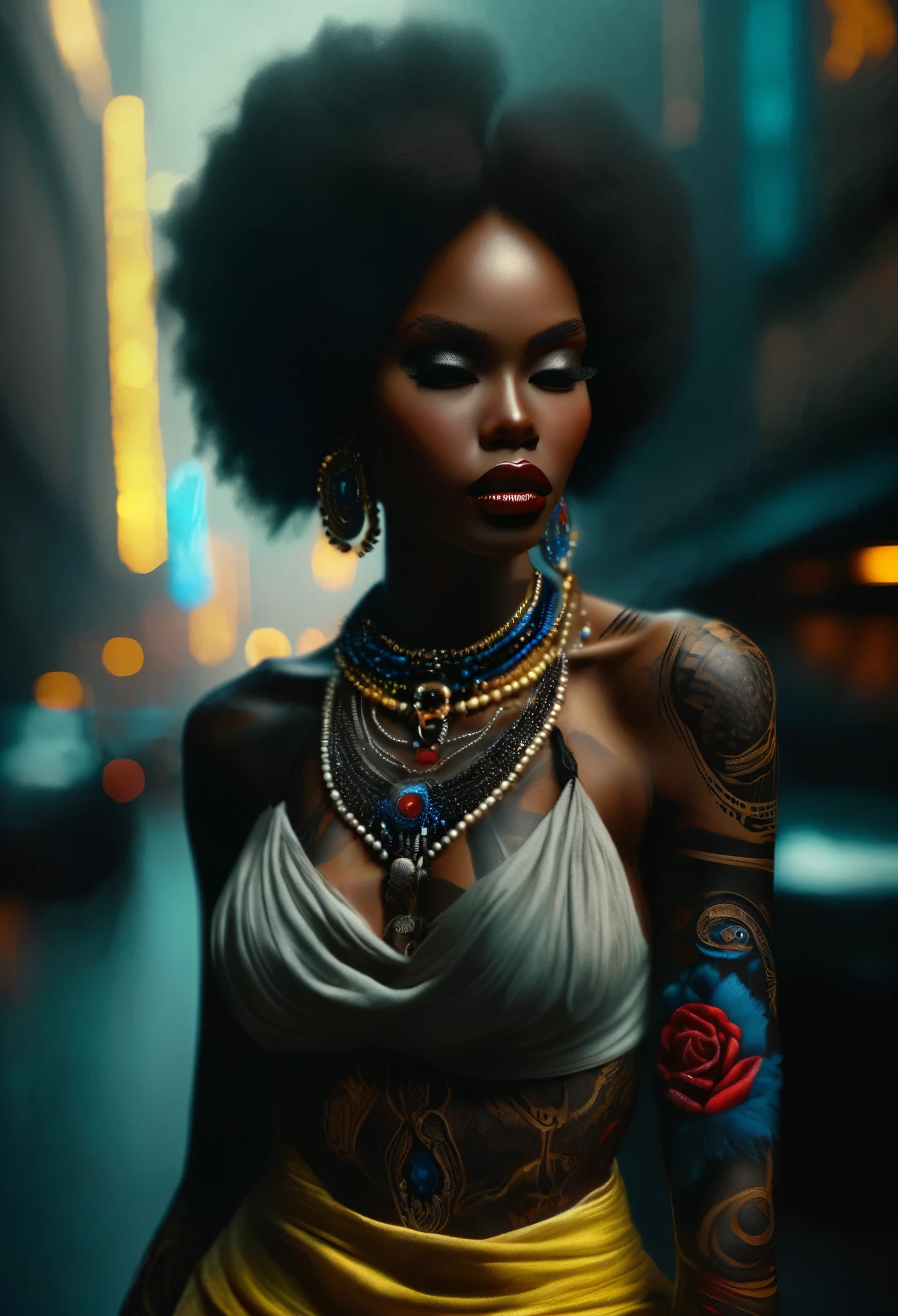 4D portrait of a full body image of a Black woman dressed in African designed clothes with neon lit glowing red and blue tattoos, with tattoos lighting the scene, a yellow fog atmosphere in the scene, dim lit scene with only the tattoos shining in the scene, In the background of the city, Oil Painting, 3/4 Profile view, gorgeous African designed pearl necklace, Luxurious fabrics, detailed embroidery, Moody chiaroscuro lighting, hight resolution