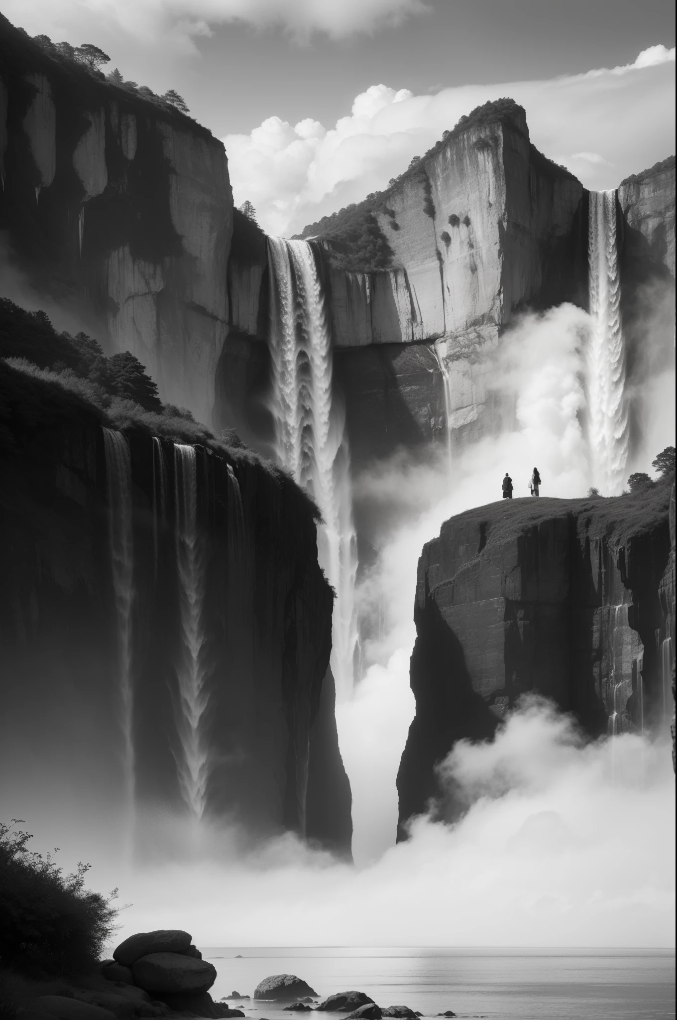 (8k,high-res,masterpiece), ultra-detailed, (realistic, photorealistic, photo-realistic) ,B&W photography ,scenic landscape, gigantic waterfall, high angle photo, from above, Angel Falls, crystal clear water, sunlight filtering through mist, majestic mountains in the background, clouds hovering around the waterfall, reflection of the waterfall in a calm pool of water, mist creating a dreamy atmosphere, peaceful and serene, subtle shades of black and white, contrast between light and shadow, stunning natural beauty,nature's grandeur, exquisite detail in every element, jagged rocks and steep cliffs, sensory experience of the roaring water,extraordinary scale of the waterfall, awe-inspiring view, immersed in the beauty of nature, mesmerizing and captivating, emotional connection with the scene,tranquil and harmonious composition, vivid tones and textures, monochrome aesthetic, impressive and breathtaking landscape, striking composition and perspective, utterly immersive experience, visual feast for the eyes.