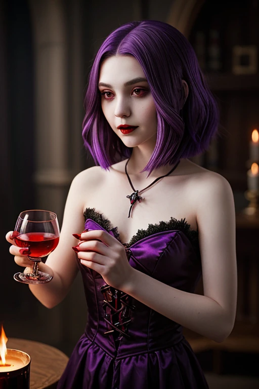 Vampire girl with short, shoulder-length hair accented by a bold purple streak, clutches a chalice brimming with fiery-red blood.