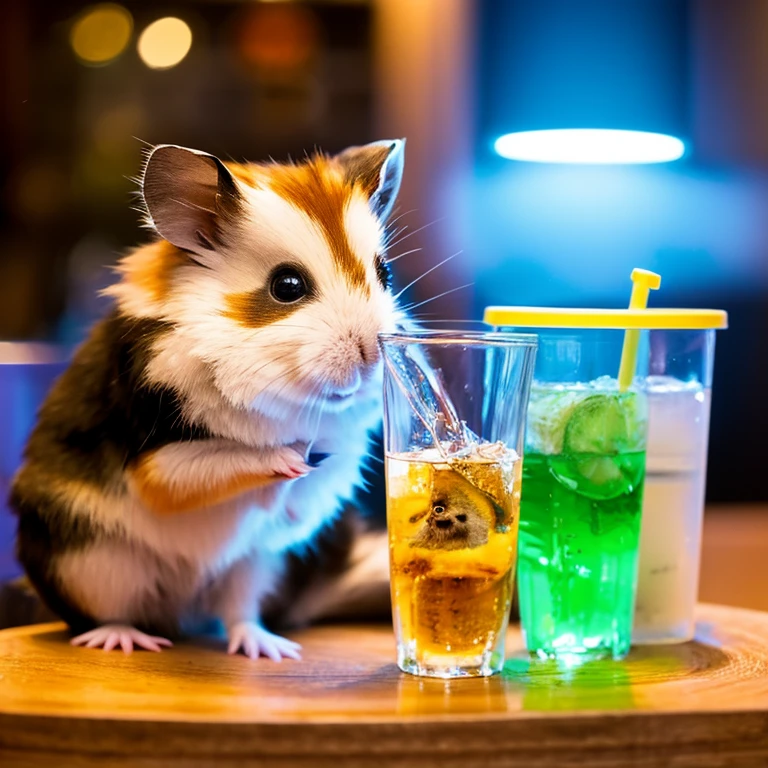 Roborovski hamster drinking water in a small oasis。